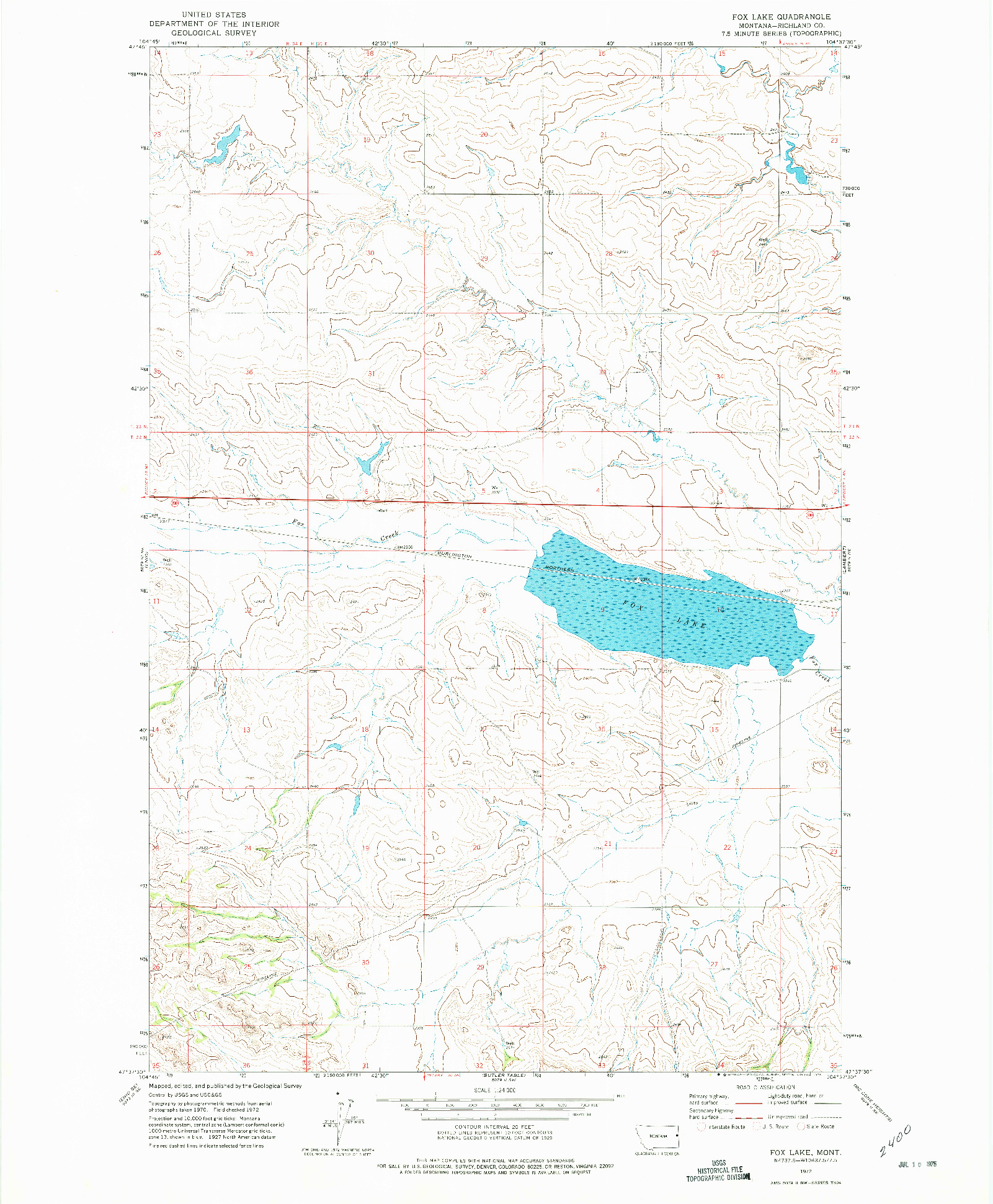 USGS 1:24000-SCALE QUADRANGLE FOR FOX LAKE, MT 1972