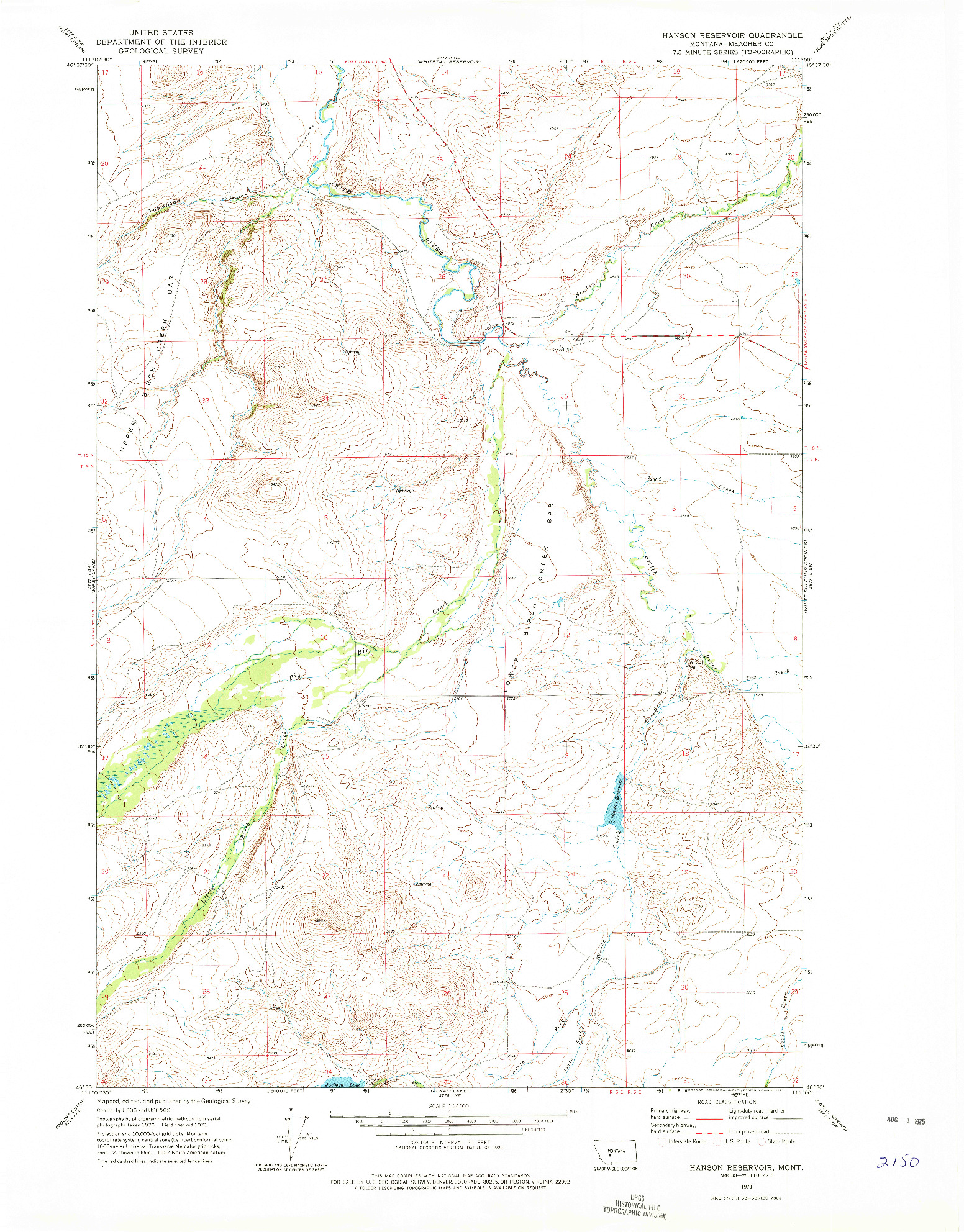USGS 1:24000-SCALE QUADRANGLE FOR HANSON RESERVOIR, MT 1971