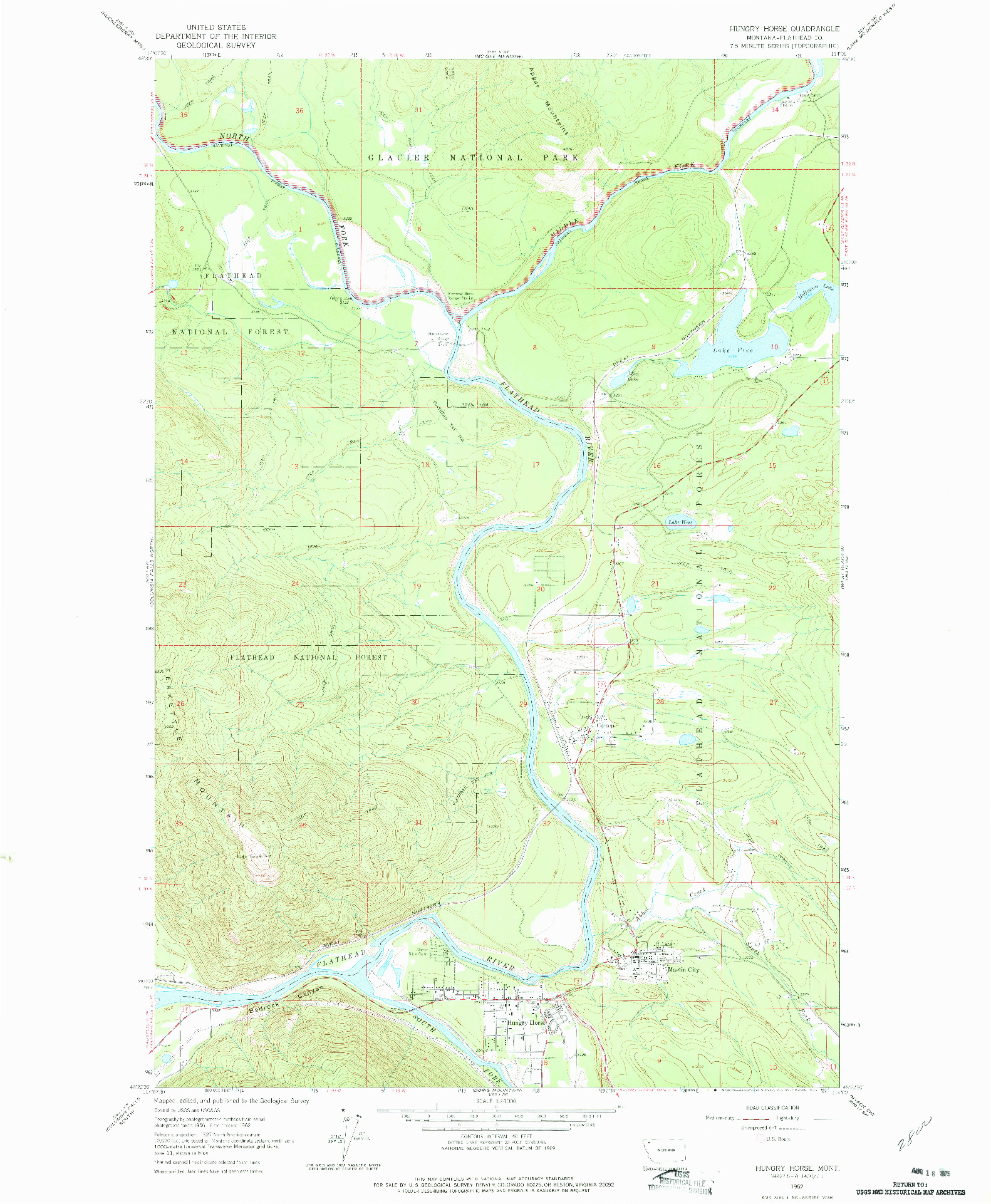 USGS 1:24000-SCALE QUADRANGLE FOR HUNGRY HORSE, MT 1962