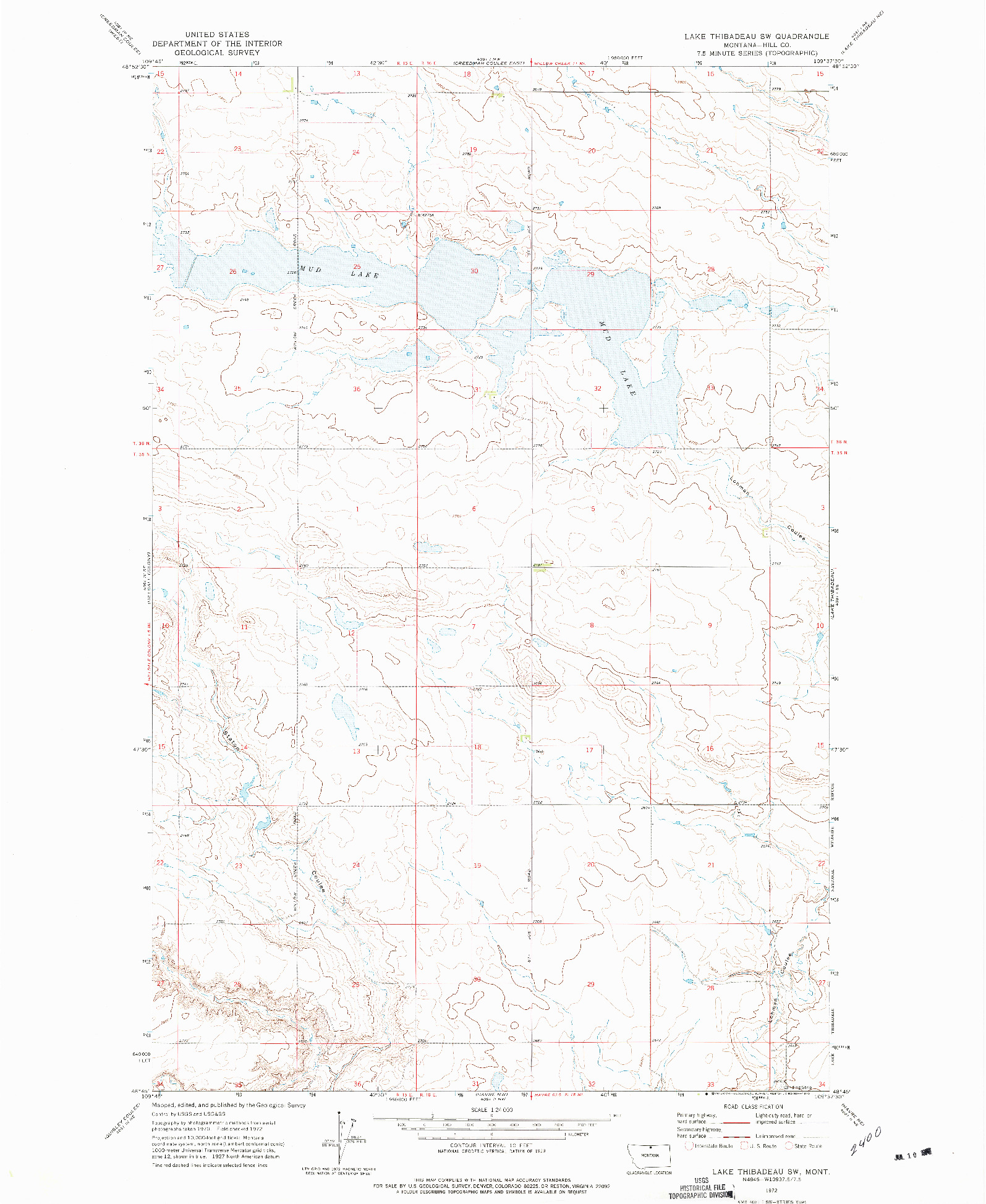 USGS 1:24000-SCALE QUADRANGLE FOR LAKE THIBADEAU SW, MT 1972