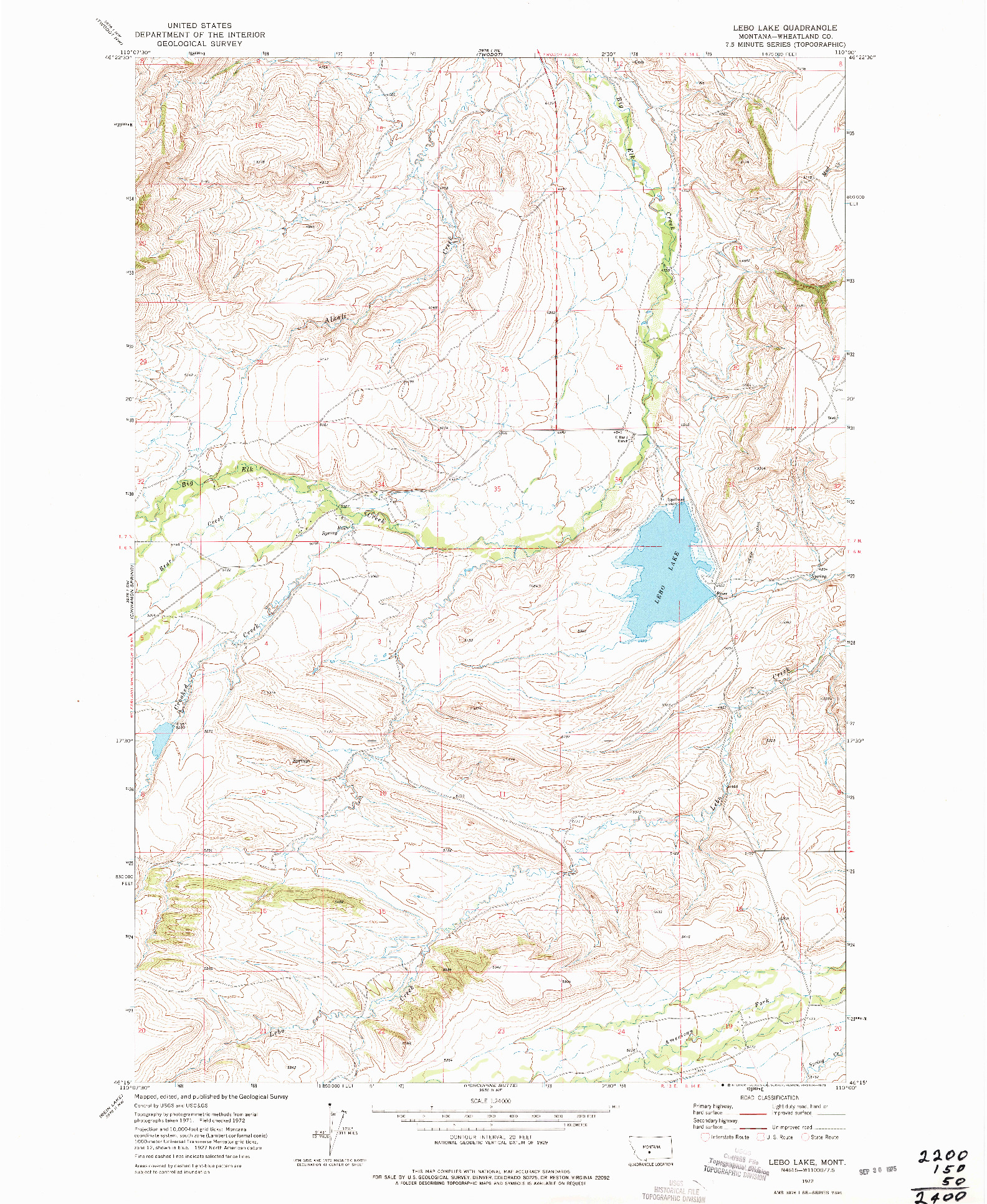 USGS 1:24000-SCALE QUADRANGLE FOR LEBO LAKE, MT 1972