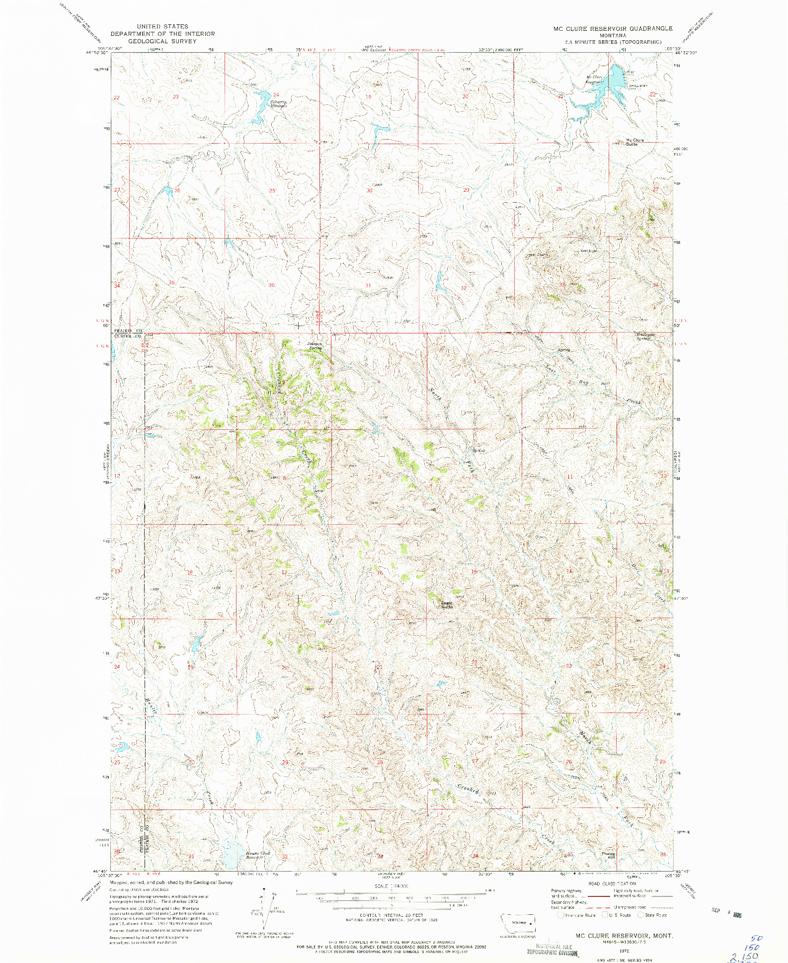 USGS 1:24000-SCALE QUADRANGLE FOR MC CLURE RESERVOIR, MT 1972