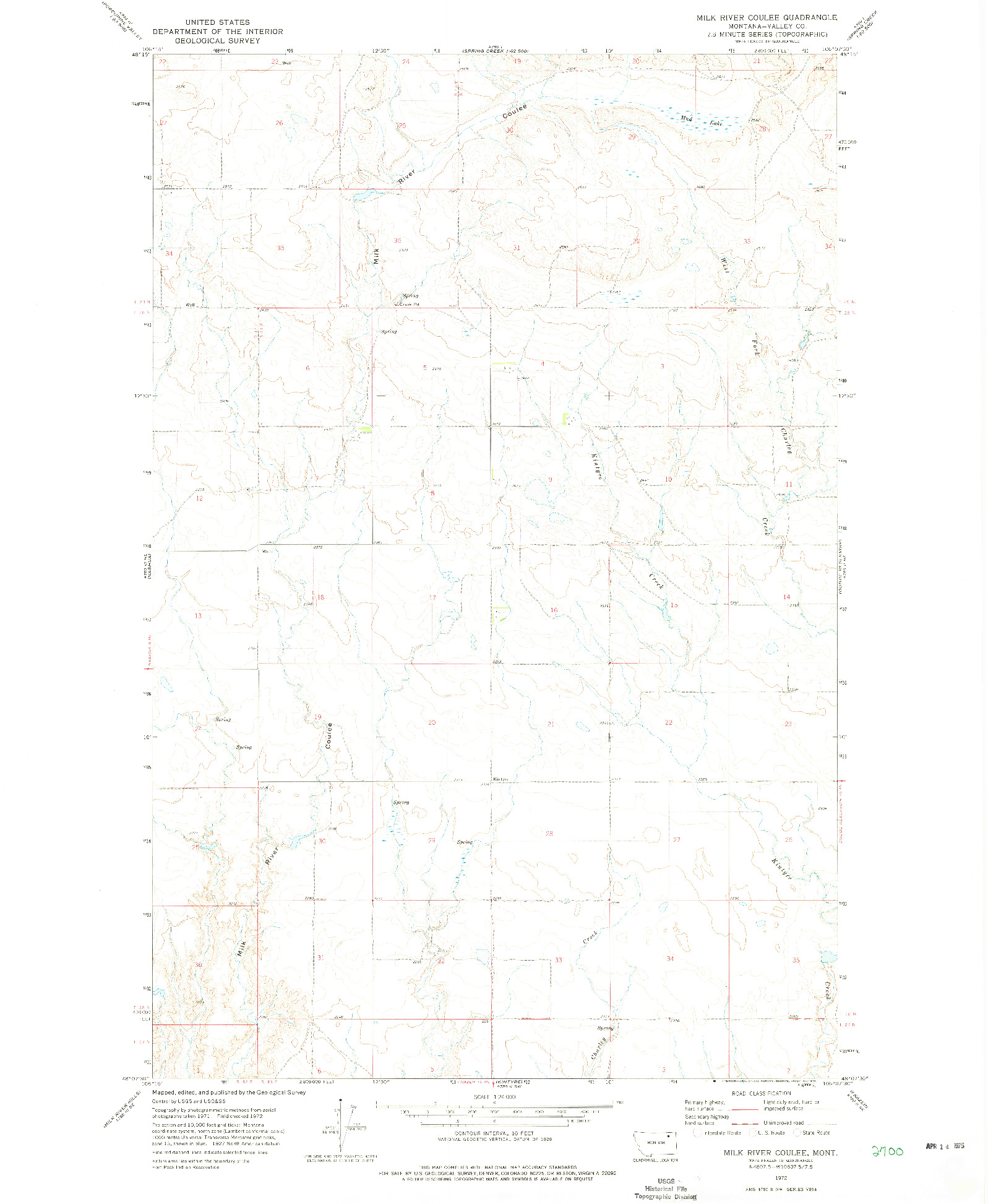 USGS 1:24000-SCALE QUADRANGLE FOR MILK RIVER COULEE, MT 1972