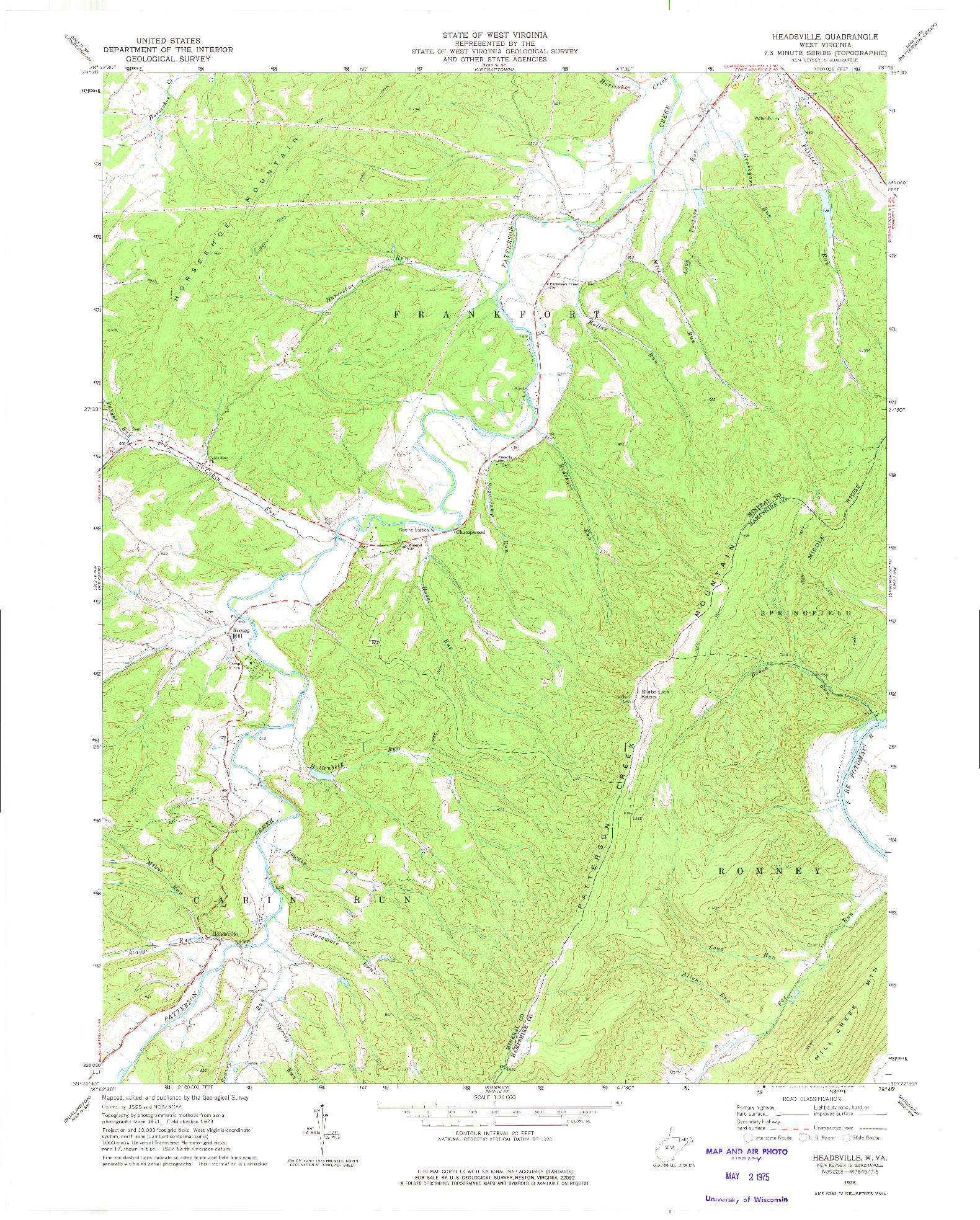 USGS 1:24000-SCALE QUADRANGLE FOR HEADSVILLE, WV 1973