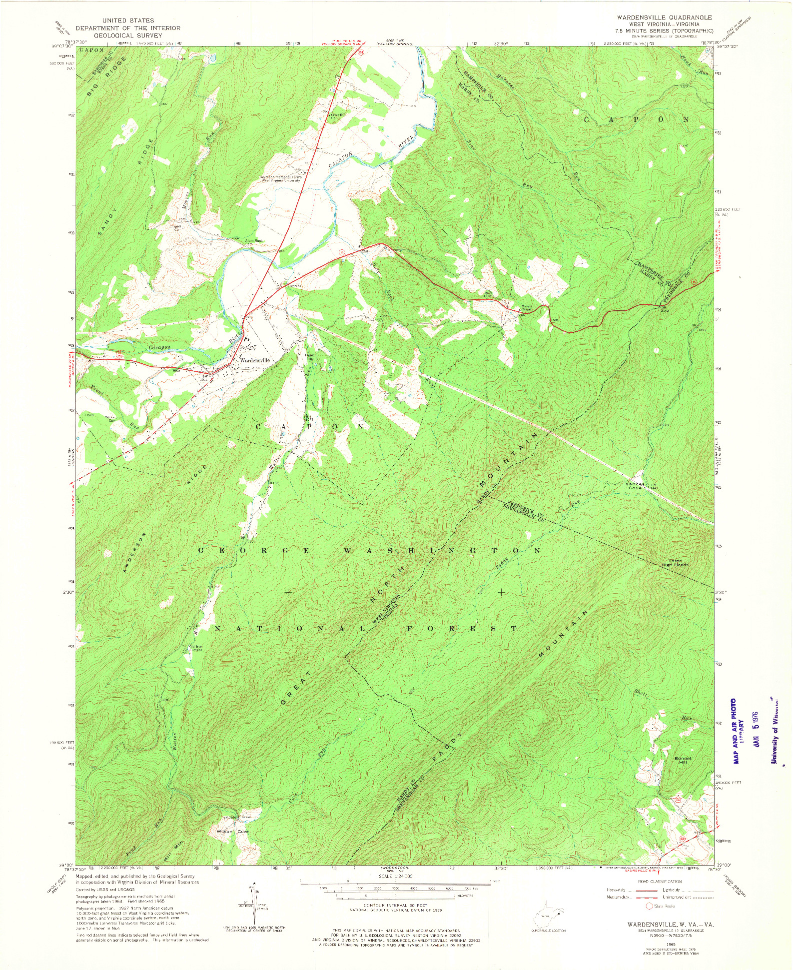 USGS 1:24000-SCALE QUADRANGLE FOR WARDENSVILLE, WV 1965