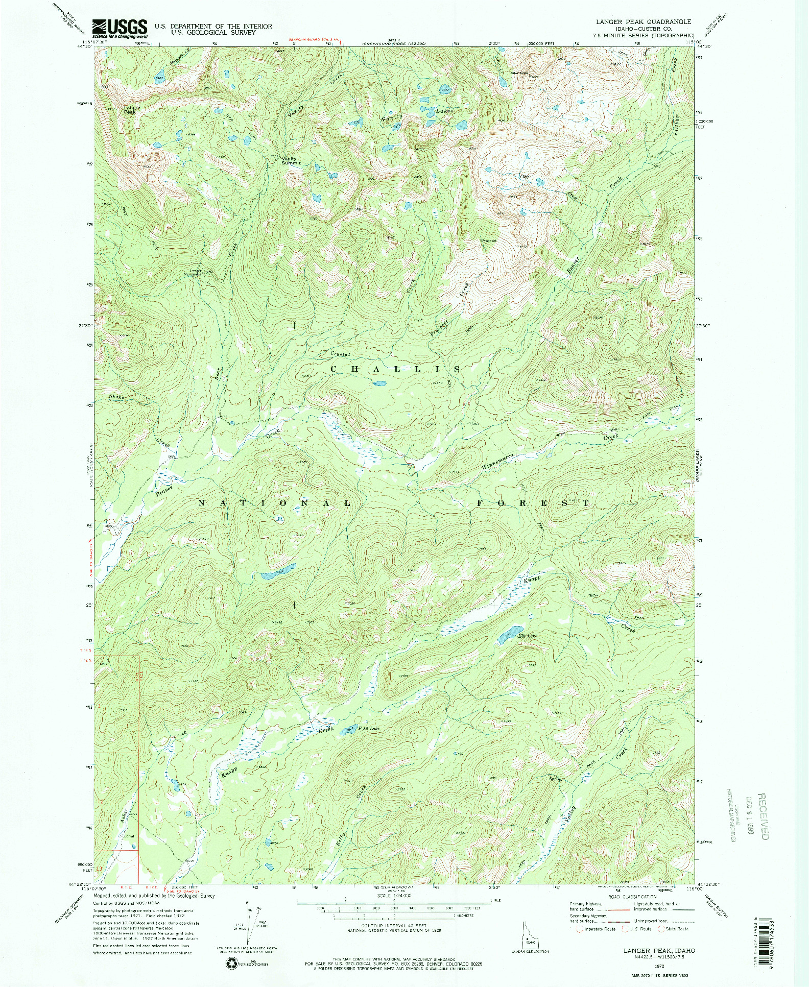 USGS 1:24000-SCALE QUADRANGLE FOR LANGER PEAK, ID 1972