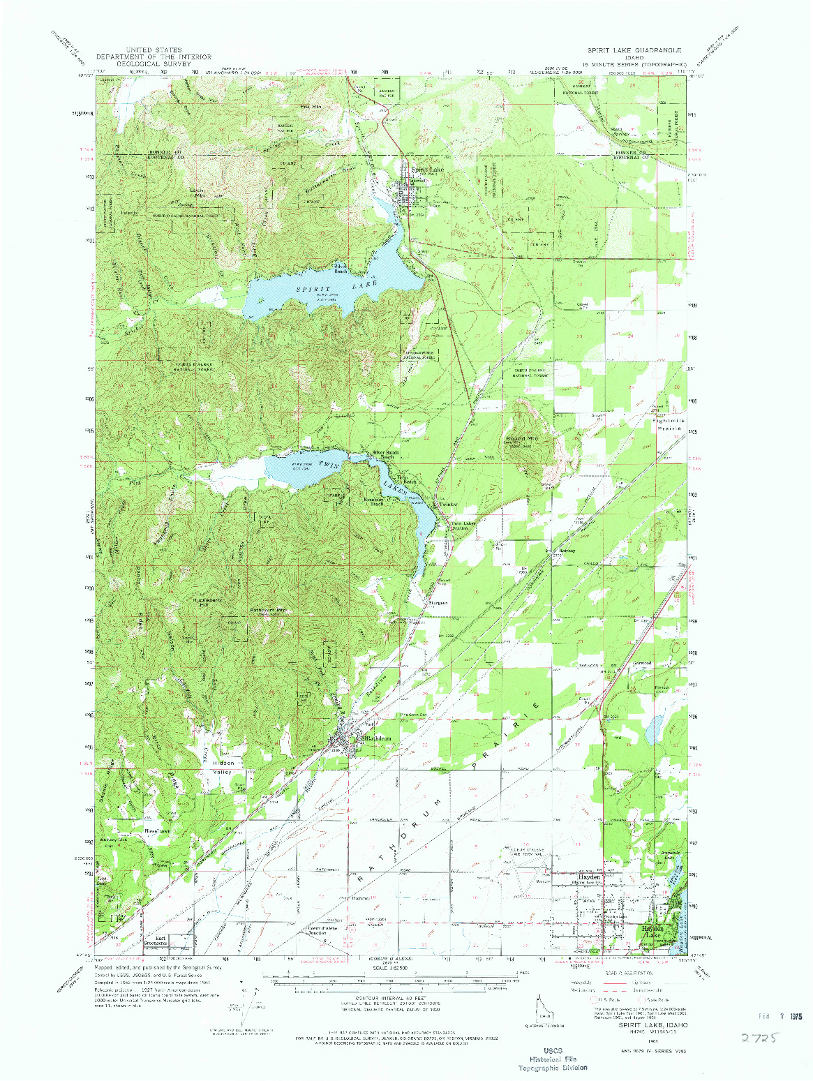 USGS 1:62500-SCALE QUADRANGLE FOR SPIRIT LAKE, ID 1961