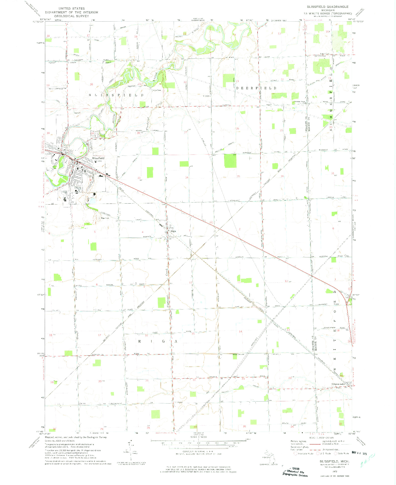 USGS 1:24000-SCALE QUADRANGLE FOR BLISSFIELD, MI 1972