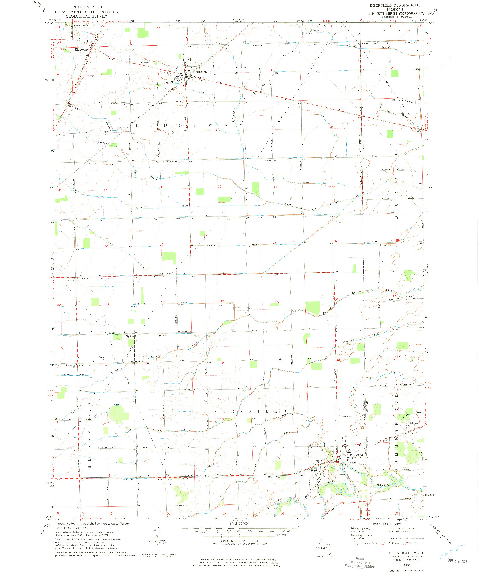 USGS 1:24000-SCALE QUADRANGLE FOR DEERFIELD, MI 1972