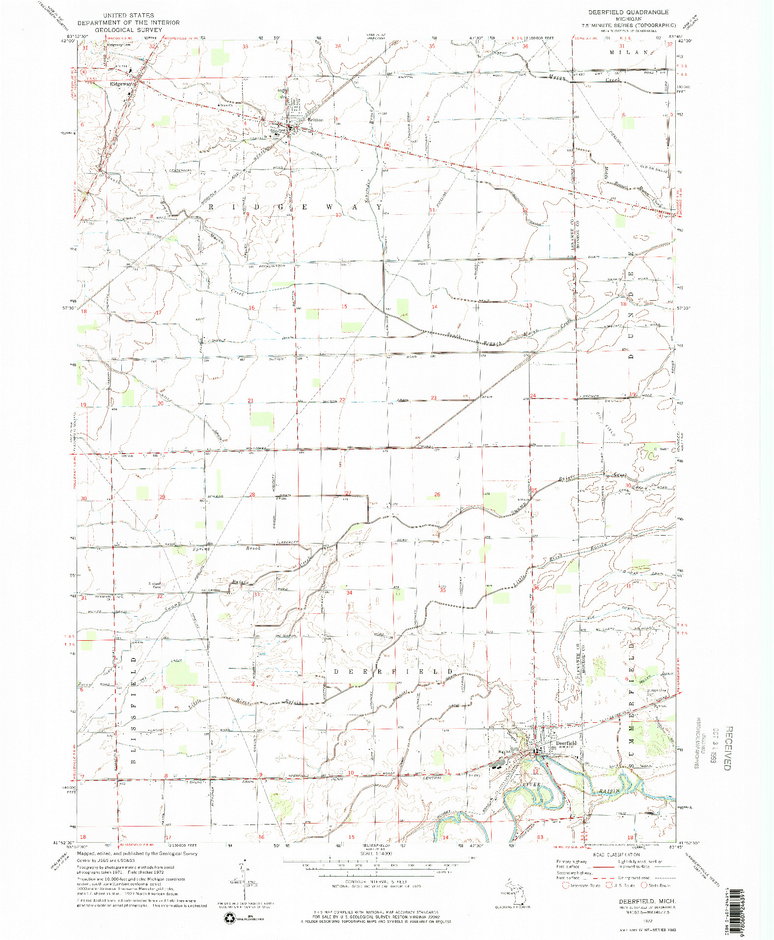 USGS 1:24000-SCALE QUADRANGLE FOR DEERFIELD, MI 1972