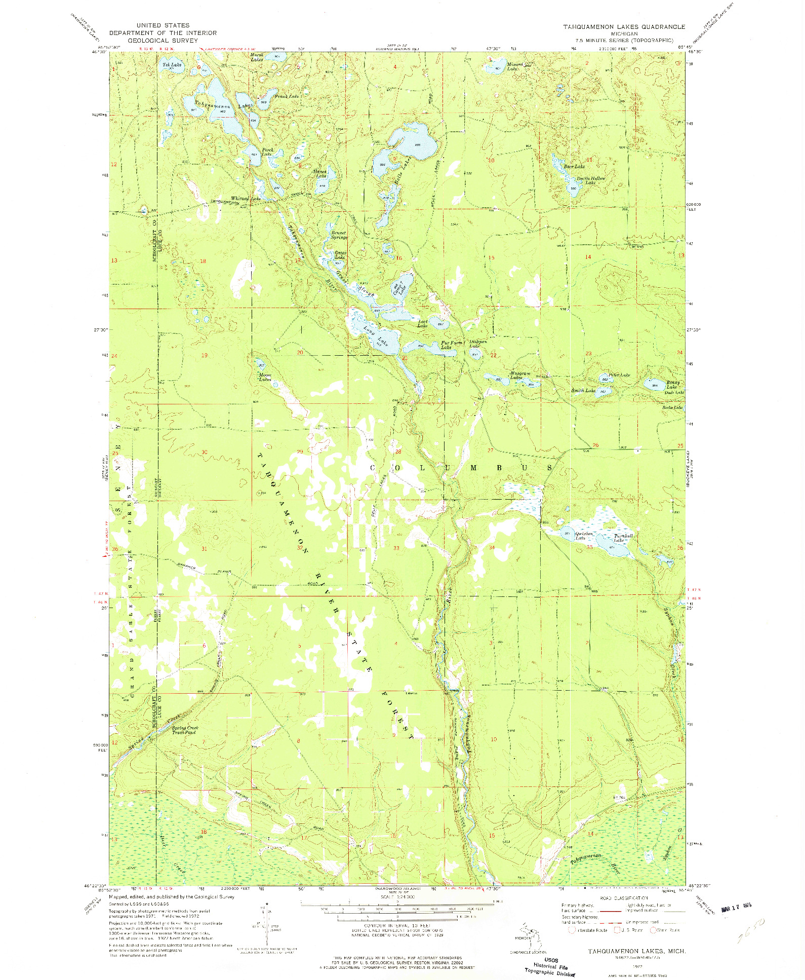 USGS 1:24000-SCALE QUADRANGLE FOR TAHQUAMENON LAKES, MI 1972