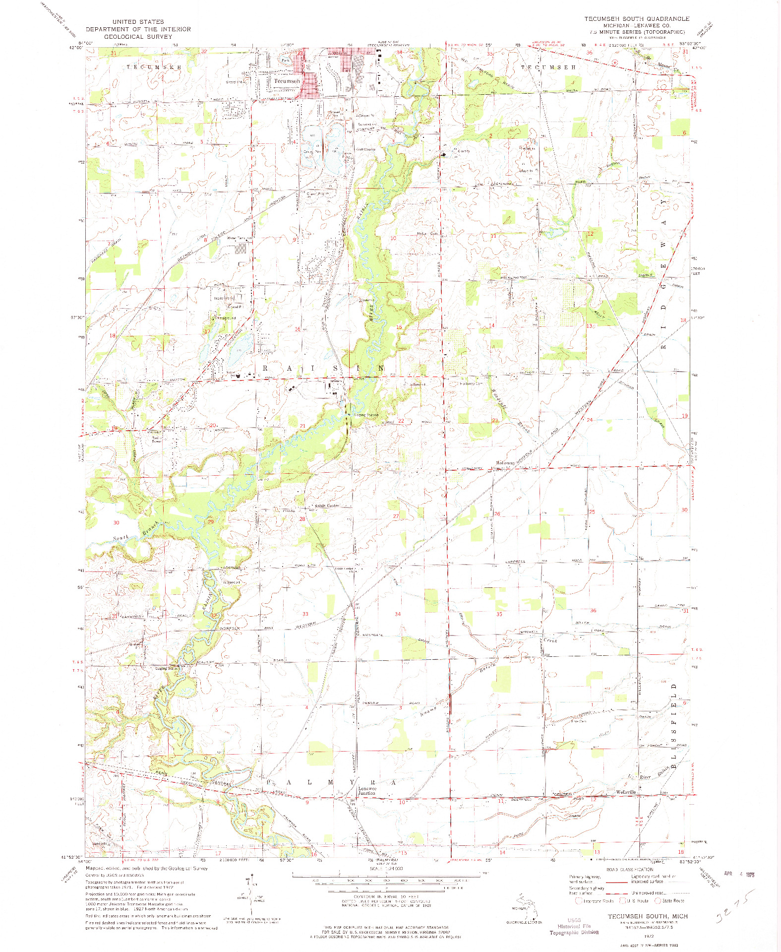USGS 1:24000-SCALE QUADRANGLE FOR TECUMSEH SOUTH, MI 1972