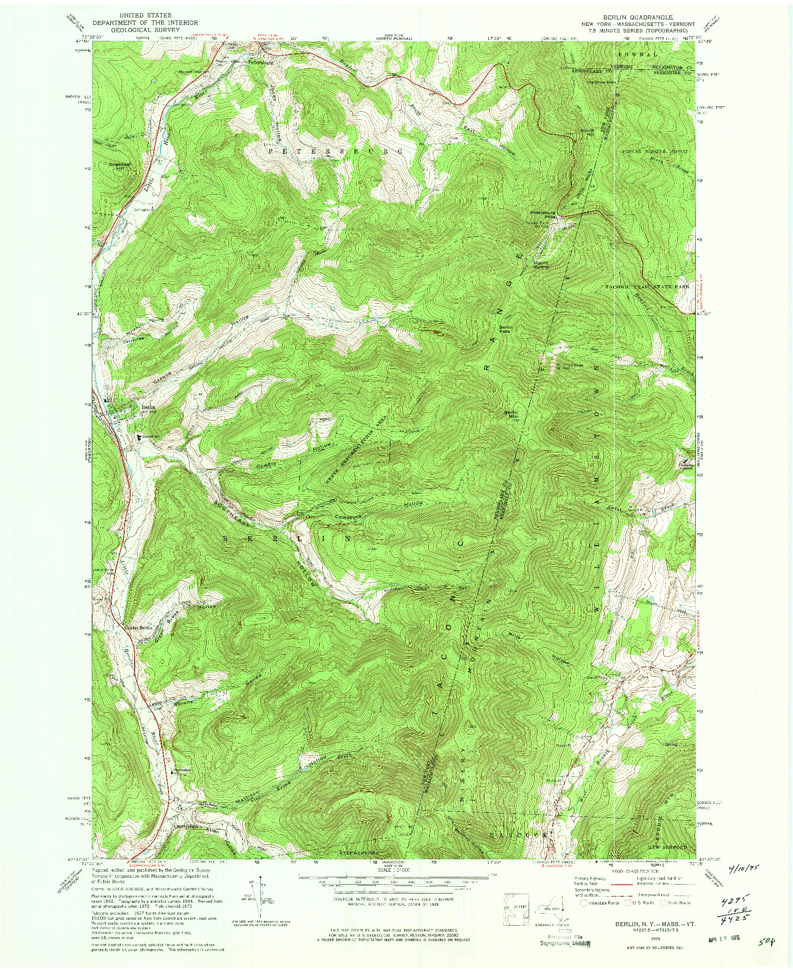 USGS 1:24000-SCALE QUADRANGLE FOR BERLIN, NY 1973