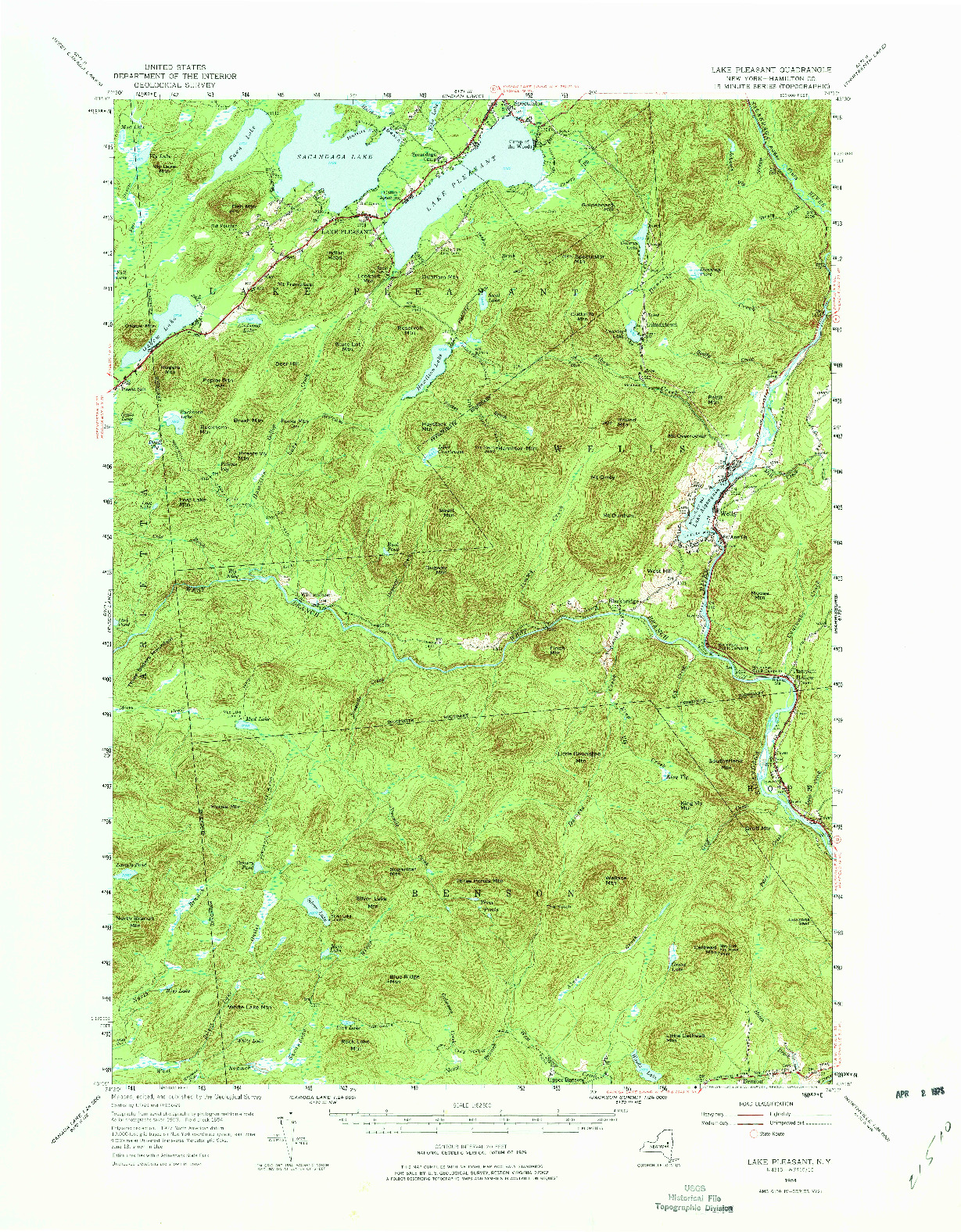 USGS 1:62500-SCALE QUADRANGLE FOR LAKE PLEASANT, NY 1954