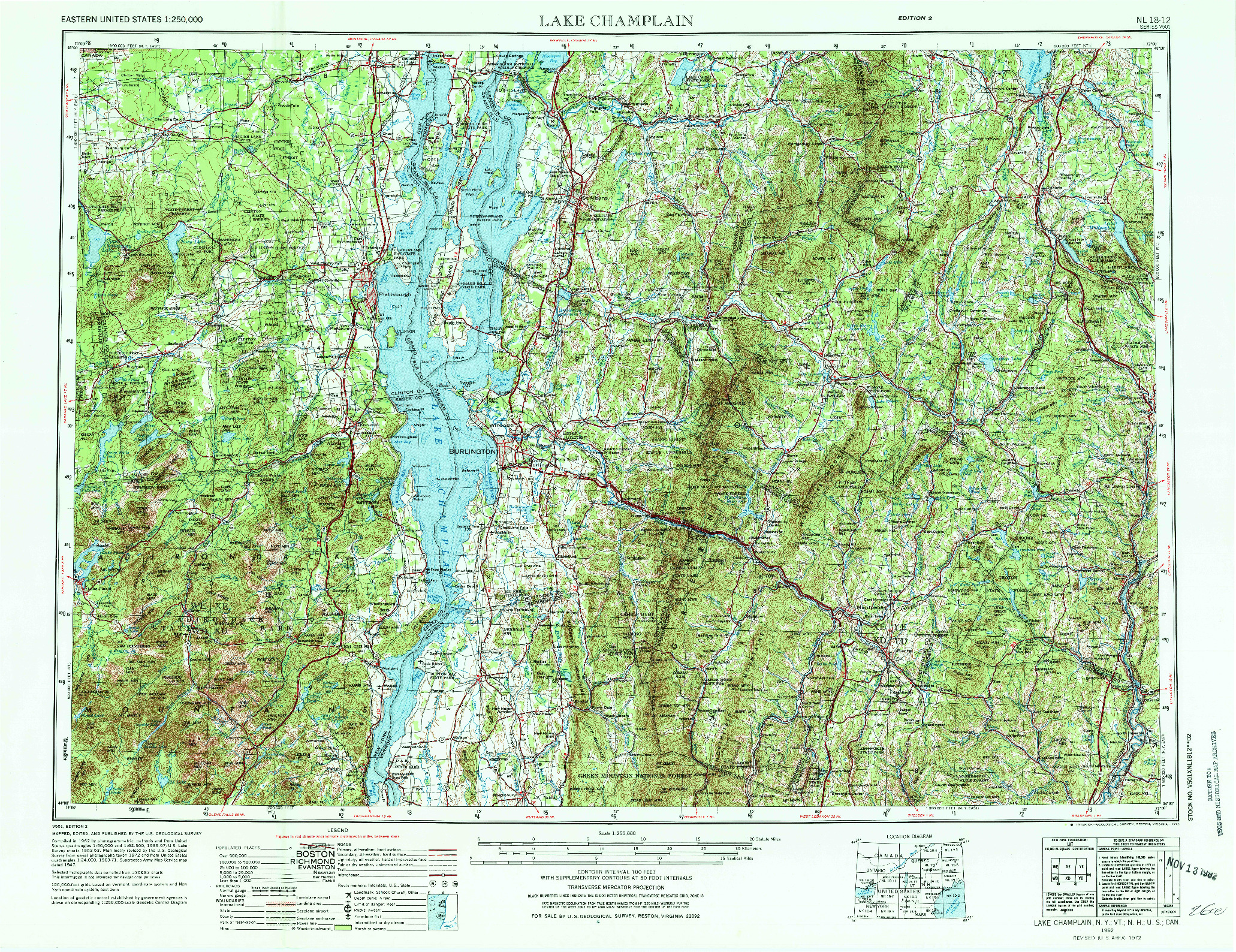 USGS 1:250000-SCALE QUADRANGLE FOR LAKE CHAMPLAIN, NY 1962