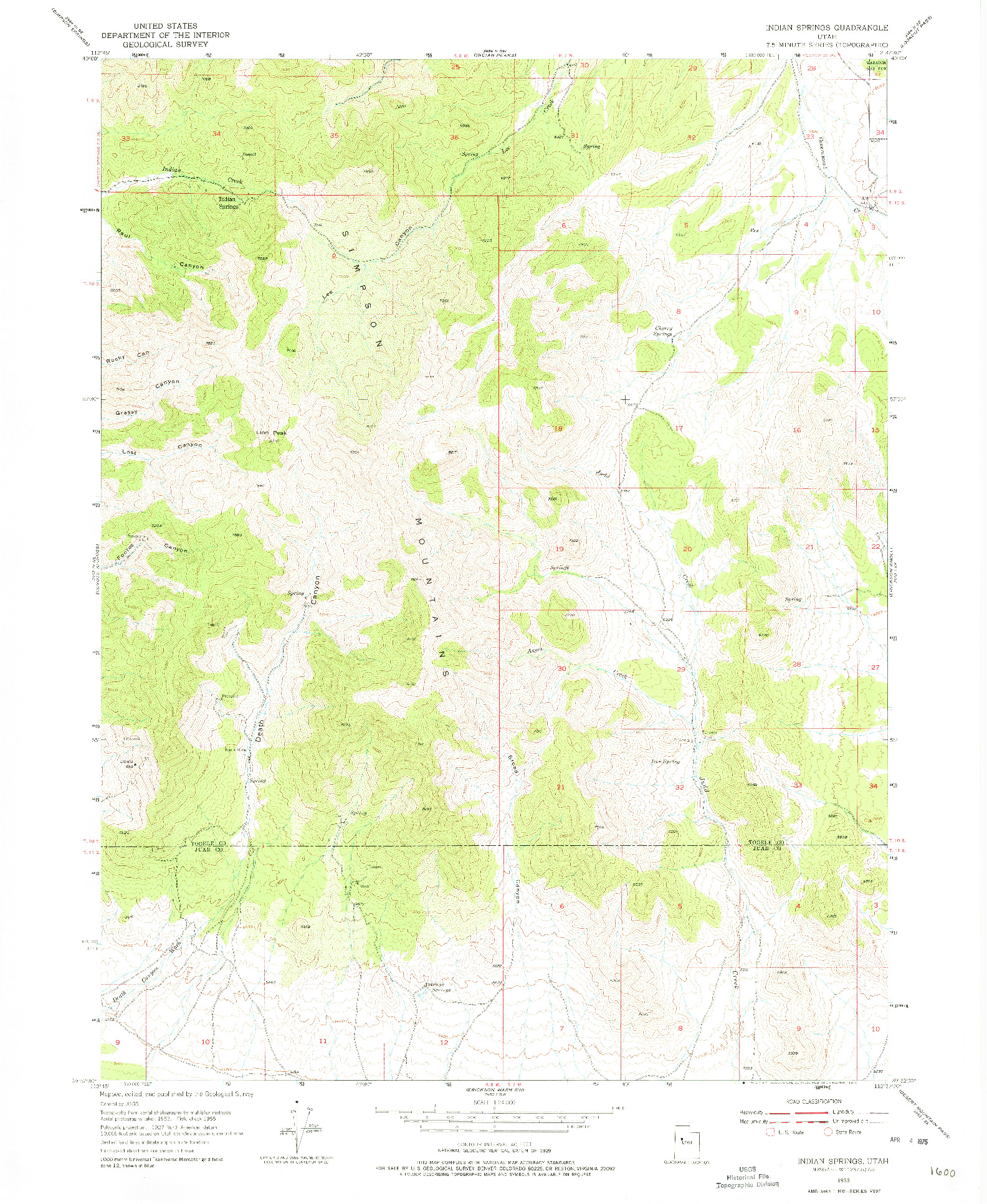 USGS 1:24000-SCALE QUADRANGLE FOR INDIAN SPRINGS, UT 1955