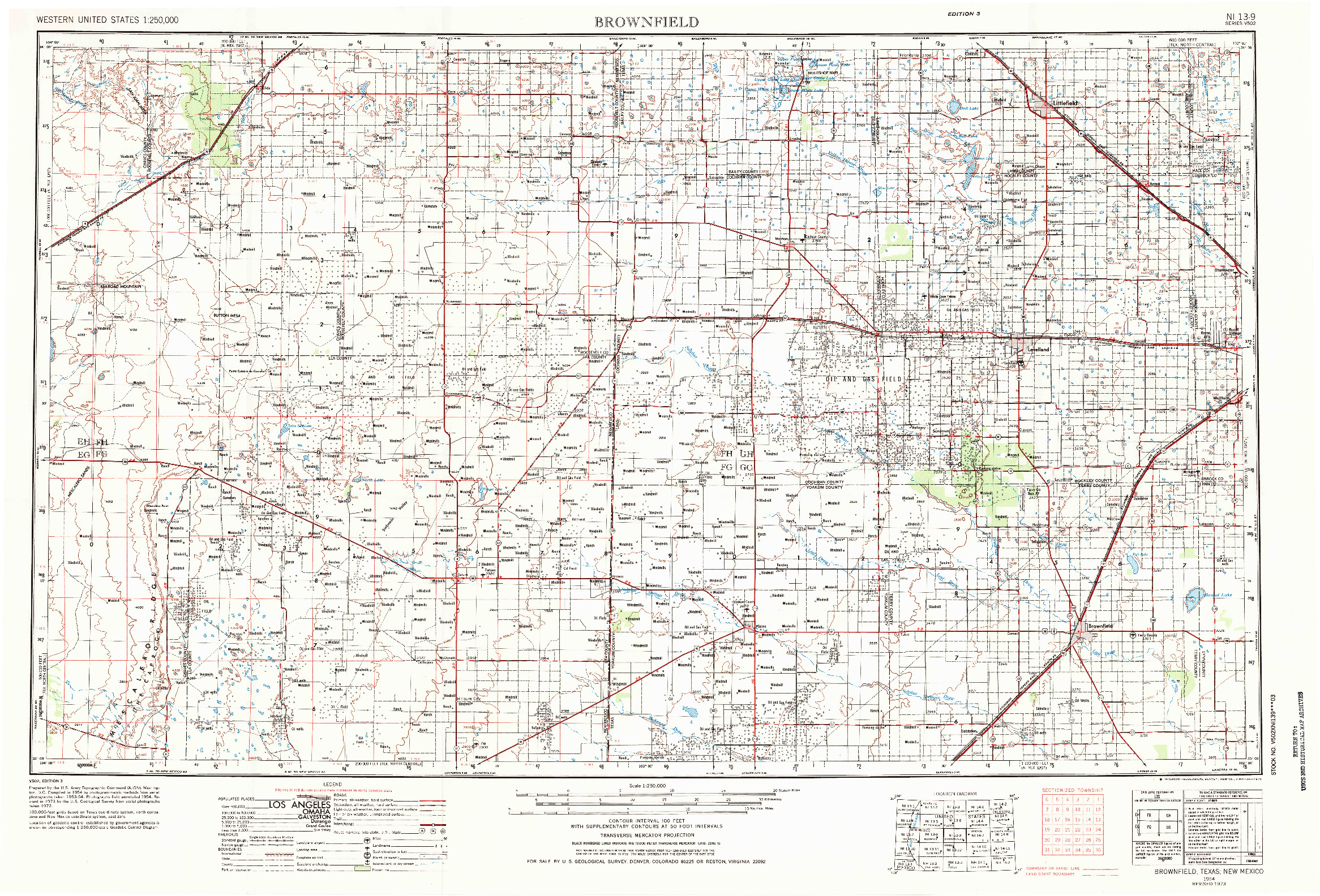 USGS 1:250000-SCALE QUADRANGLE FOR BROWNFIELD, TX 1954