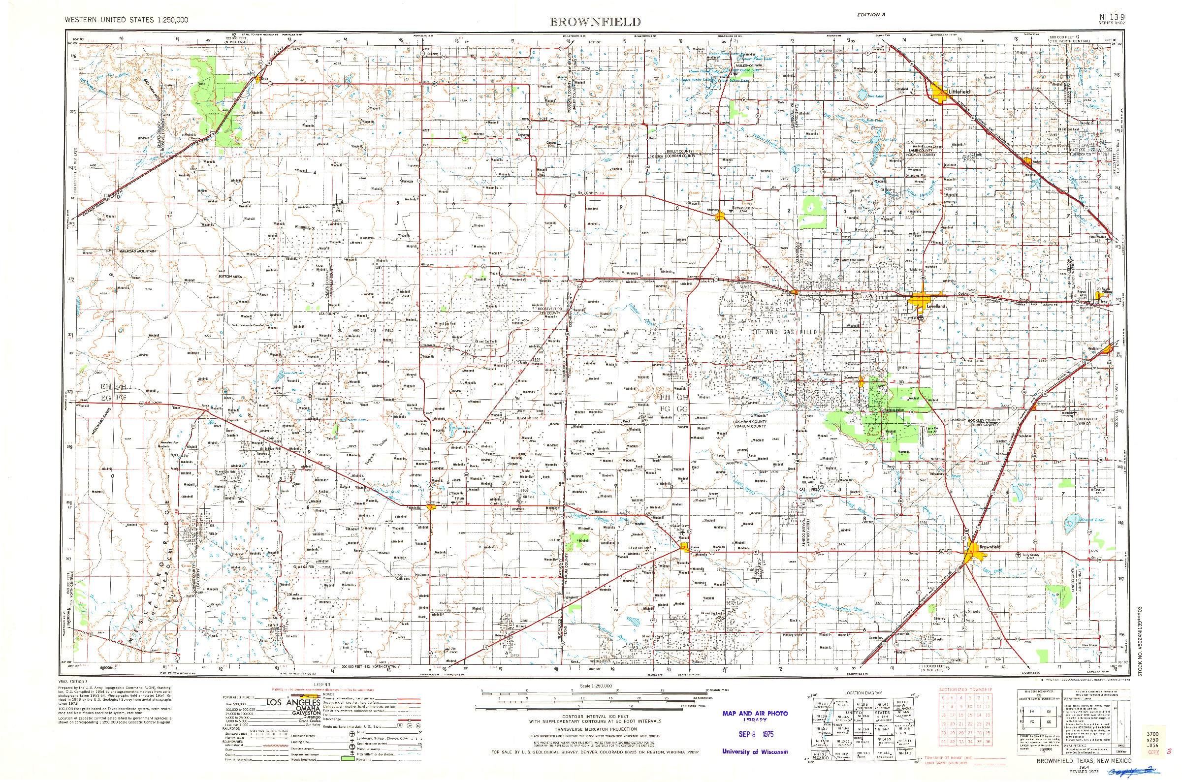 USGS 1:250000-SCALE QUADRANGLE FOR BROWNFIELD, TX 1954