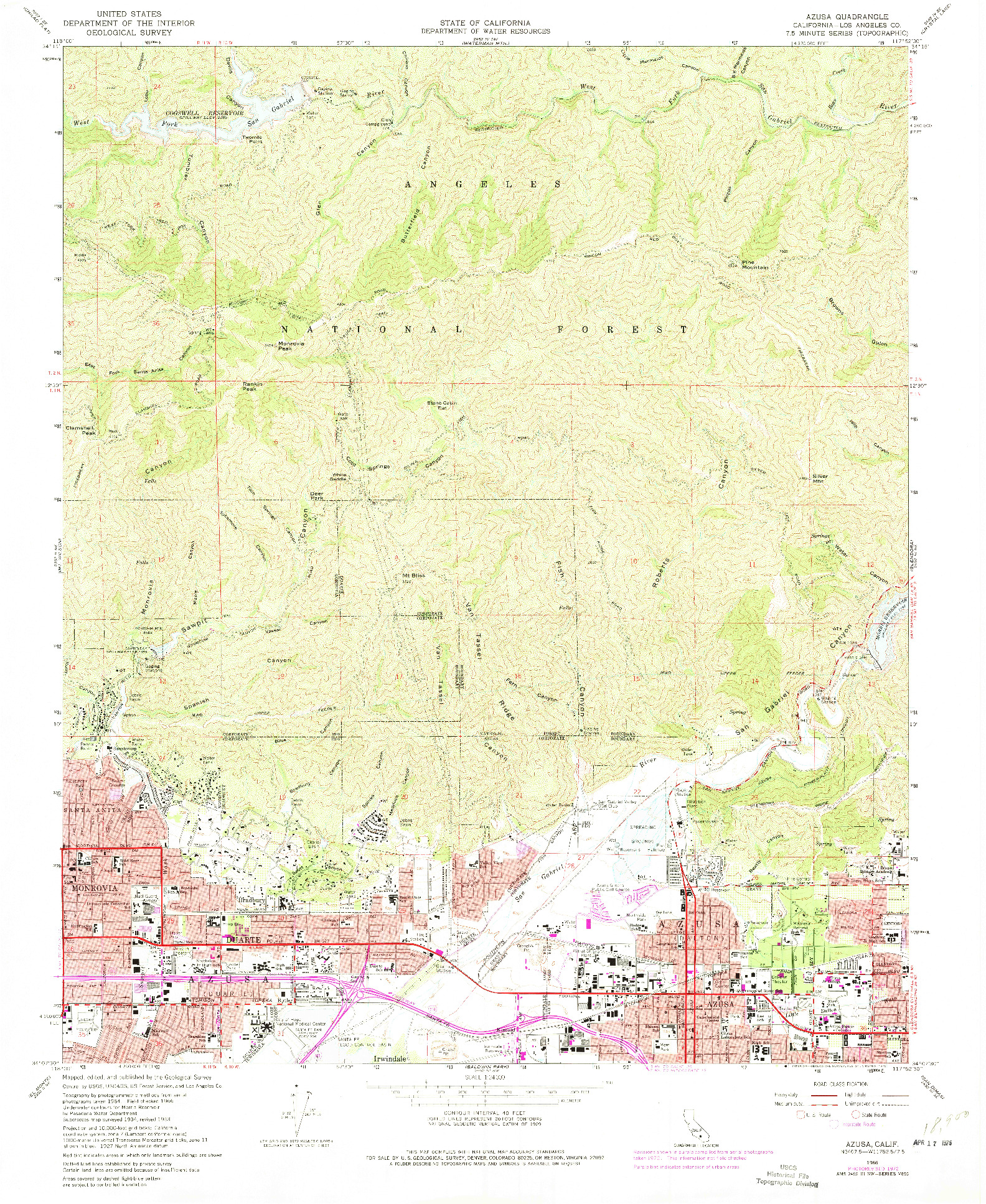 USGS 1:24000-SCALE QUADRANGLE FOR AZUSA, CA 1966