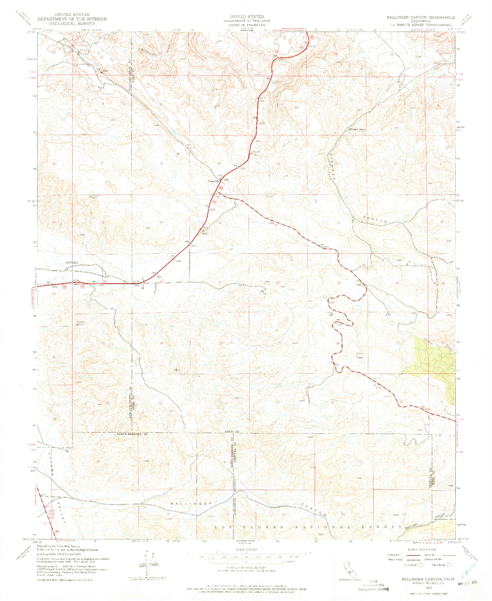USGS 1:24000-SCALE QUADRANGLE FOR BALLINGER CANYON, CA 1943