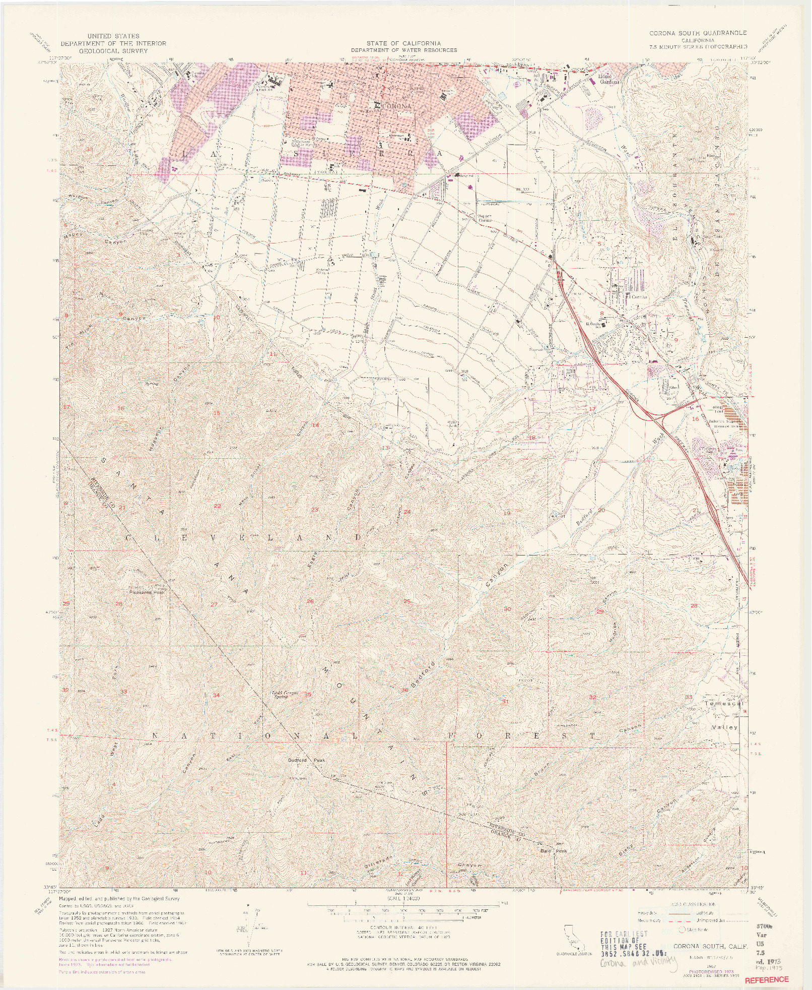 USGS 1:24000-SCALE QUADRANGLE FOR CORONA SOUTH, CA 1967