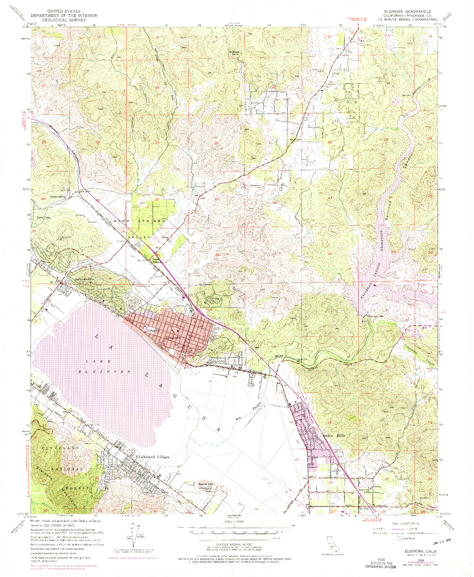 USGS 1:24000-SCALE QUADRANGLE FOR ELSINORE, CA 1953