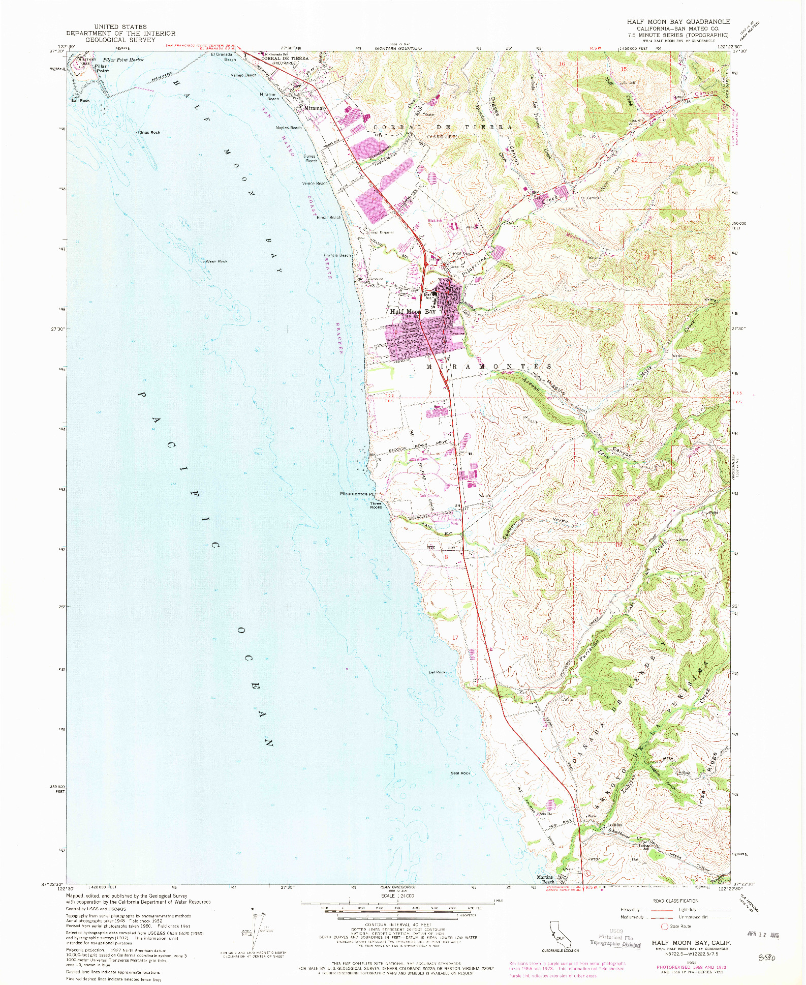 USGS 1:24000-SCALE QUADRANGLE FOR HALF MOON BAY, CA 1961