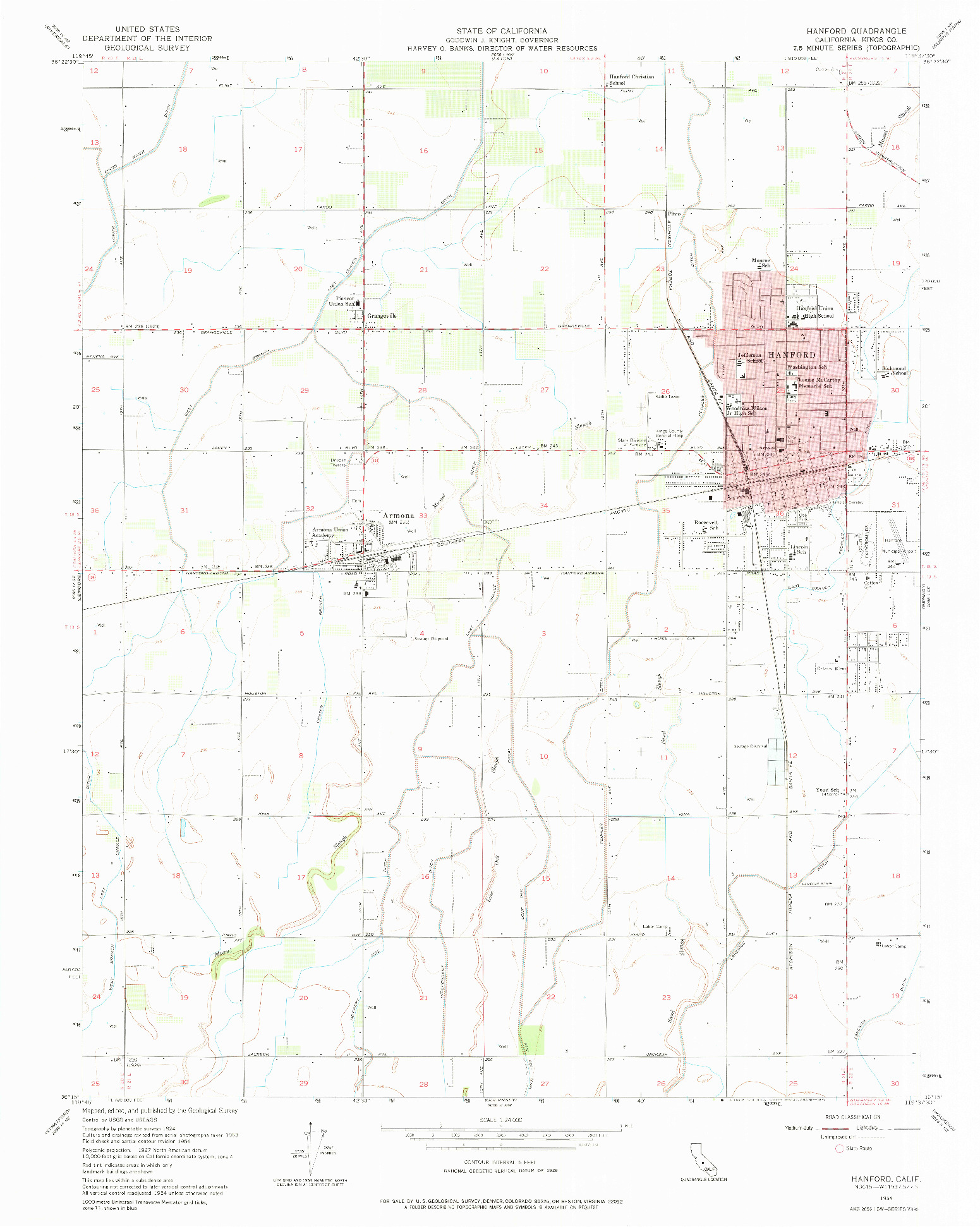 USGS 1:24000-SCALE QUADRANGLE FOR HANFORD, CA 1954