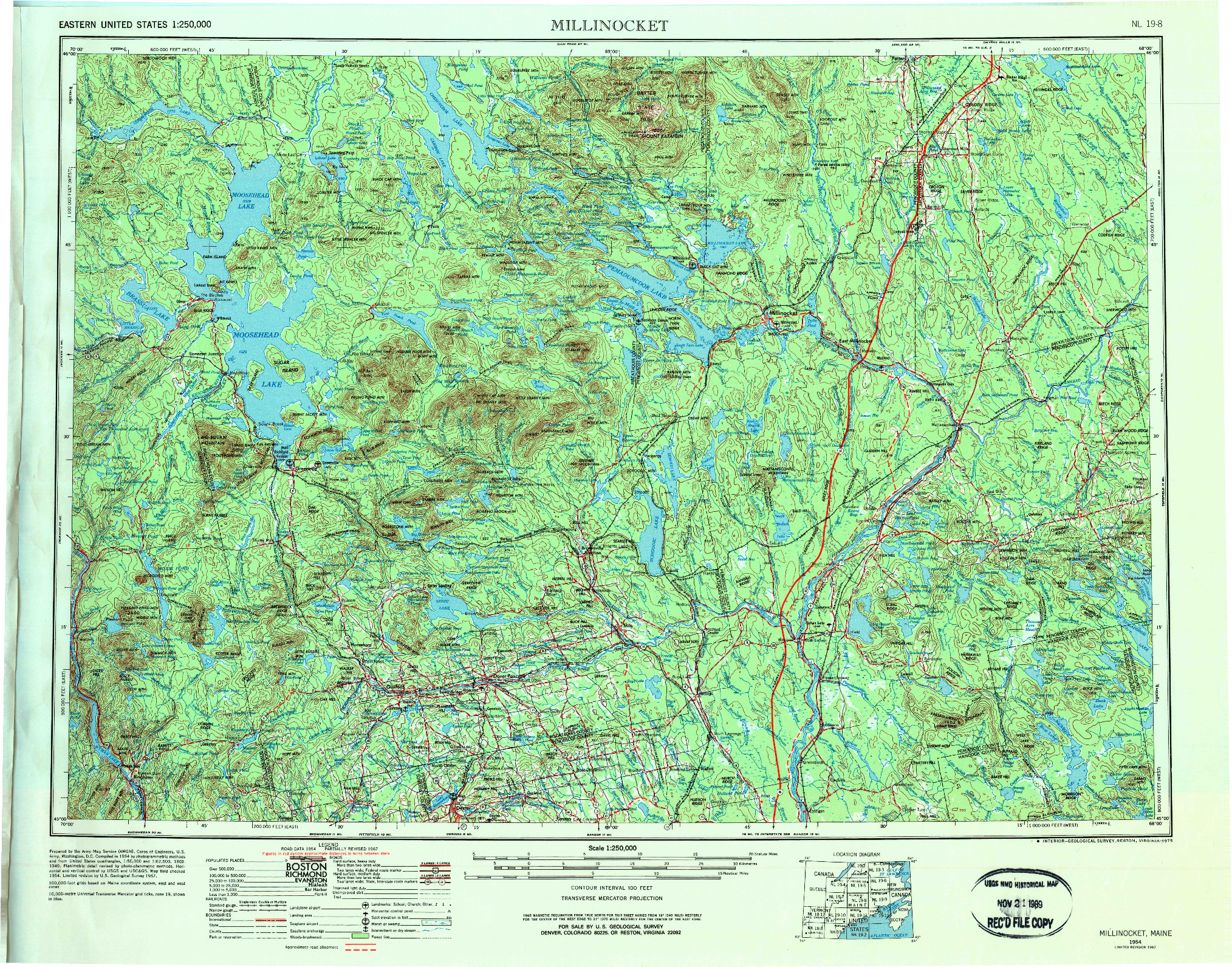 USGS 1:250000-SCALE QUADRANGLE FOR MILLINOCKET, ME 1954