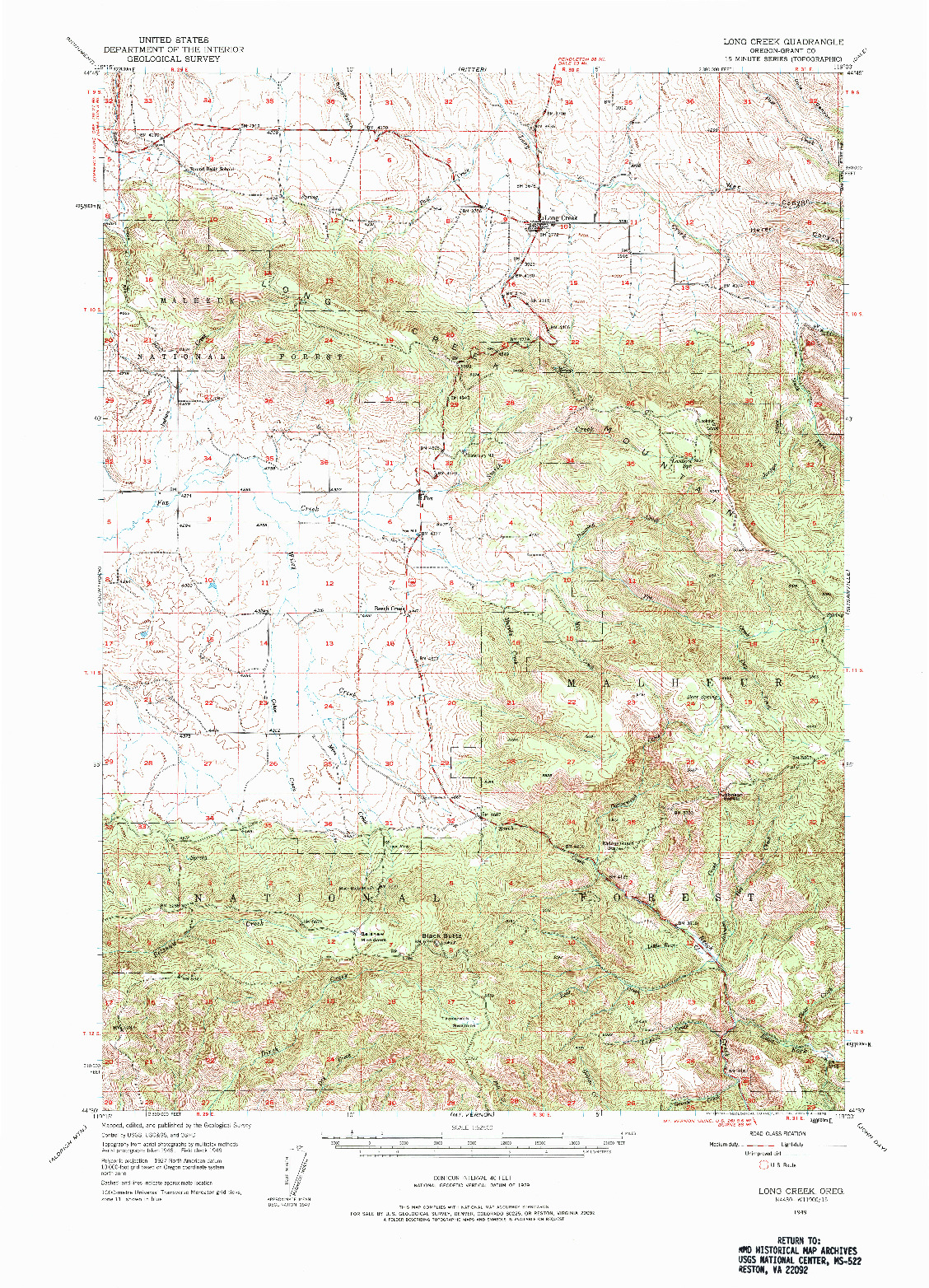 USGS 1:62500-SCALE QUADRANGLE FOR LONG CREEK, OR 1949
