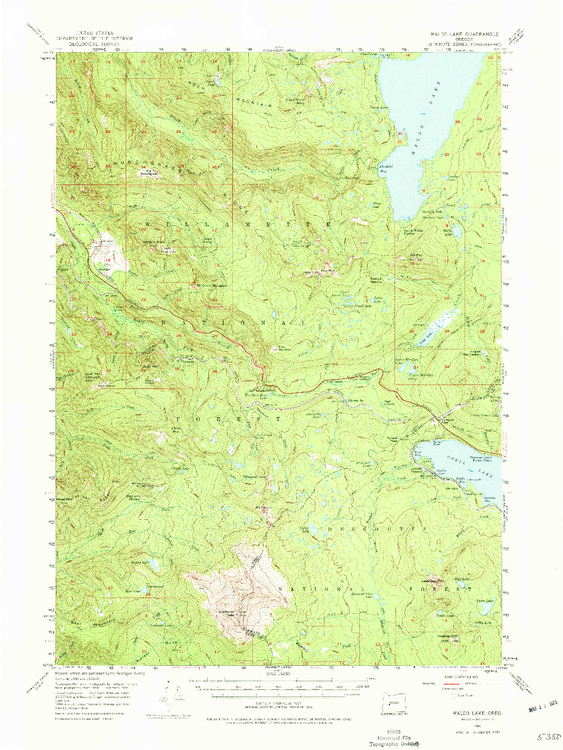 USGS 1:62500-SCALE QUADRANGLE FOR WALDO LAKE, OR 1956