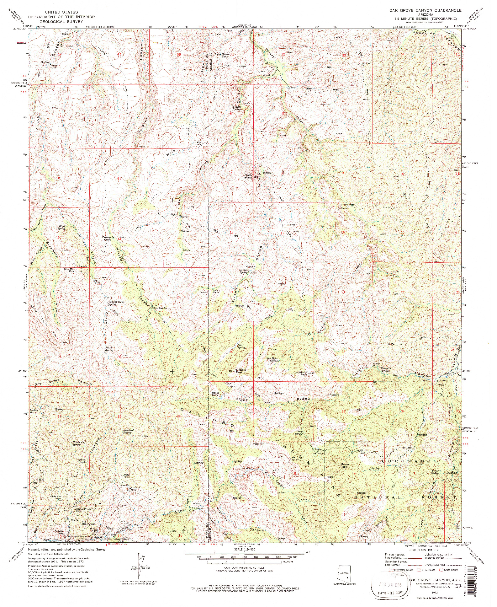 USGS 1:24000-SCALE QUADRANGLE FOR OAK GROVE CANYON, AZ 1972