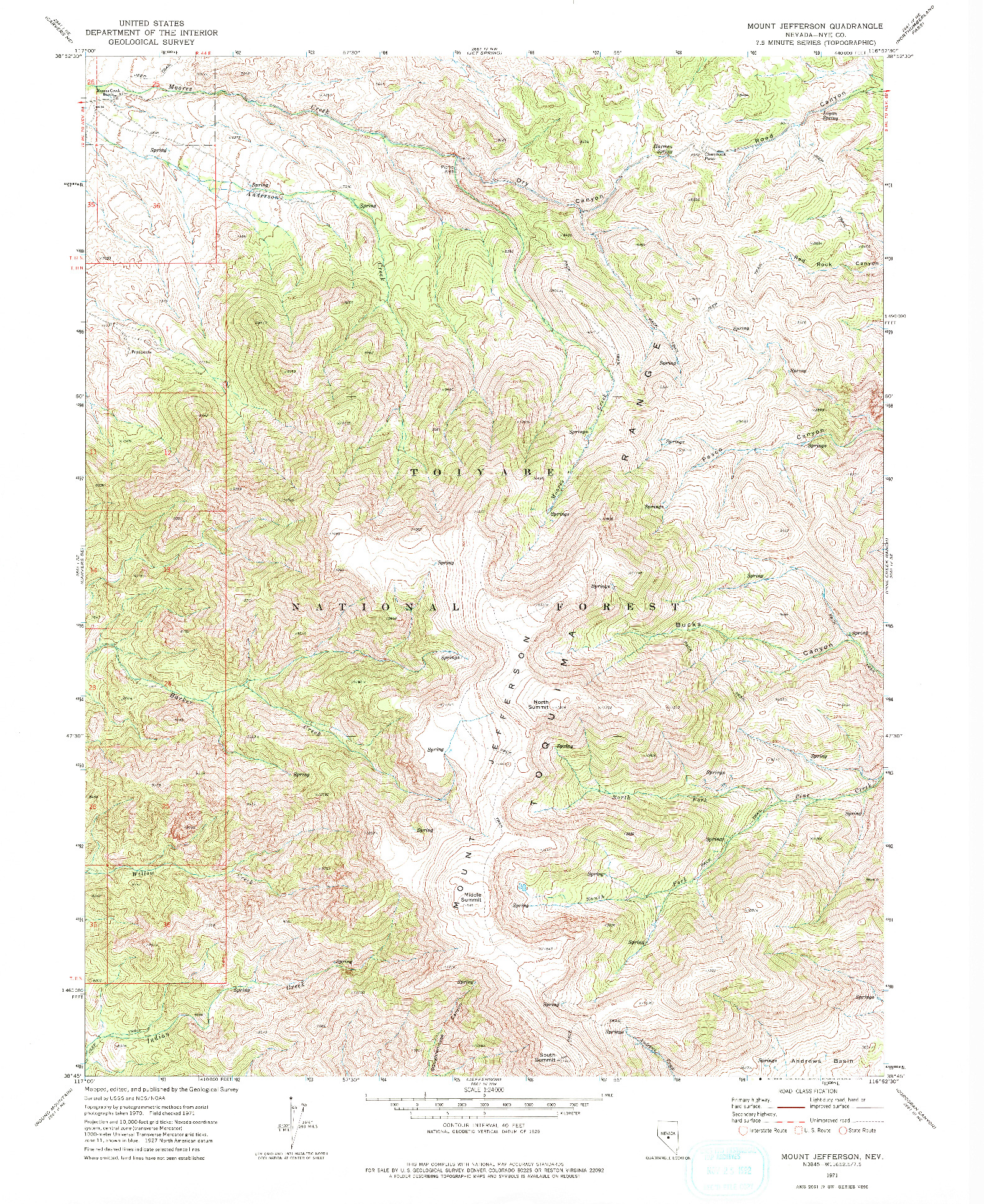 USGS 1:24000-SCALE QUADRANGLE FOR MOUNT JEFFERSON, NV 1971