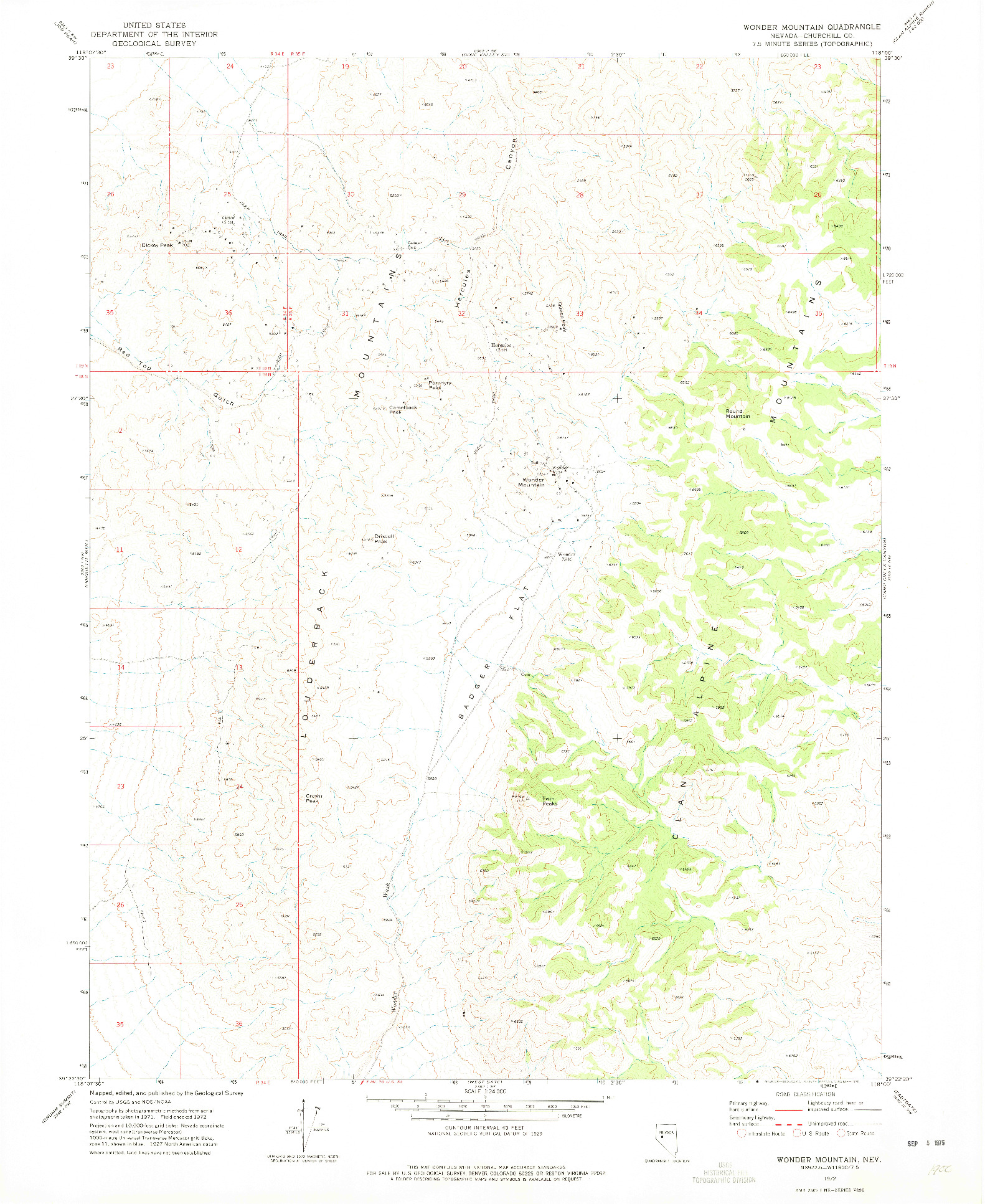 USGS 1:24000-SCALE QUADRANGLE FOR WONDER MOUNTAIN, NV 1972