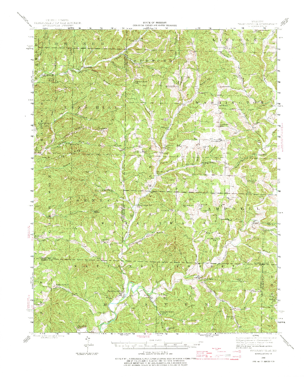 USGS 1:62500-SCALE QUADRANGLE FOR BRADLEYVILLE, MO 1943