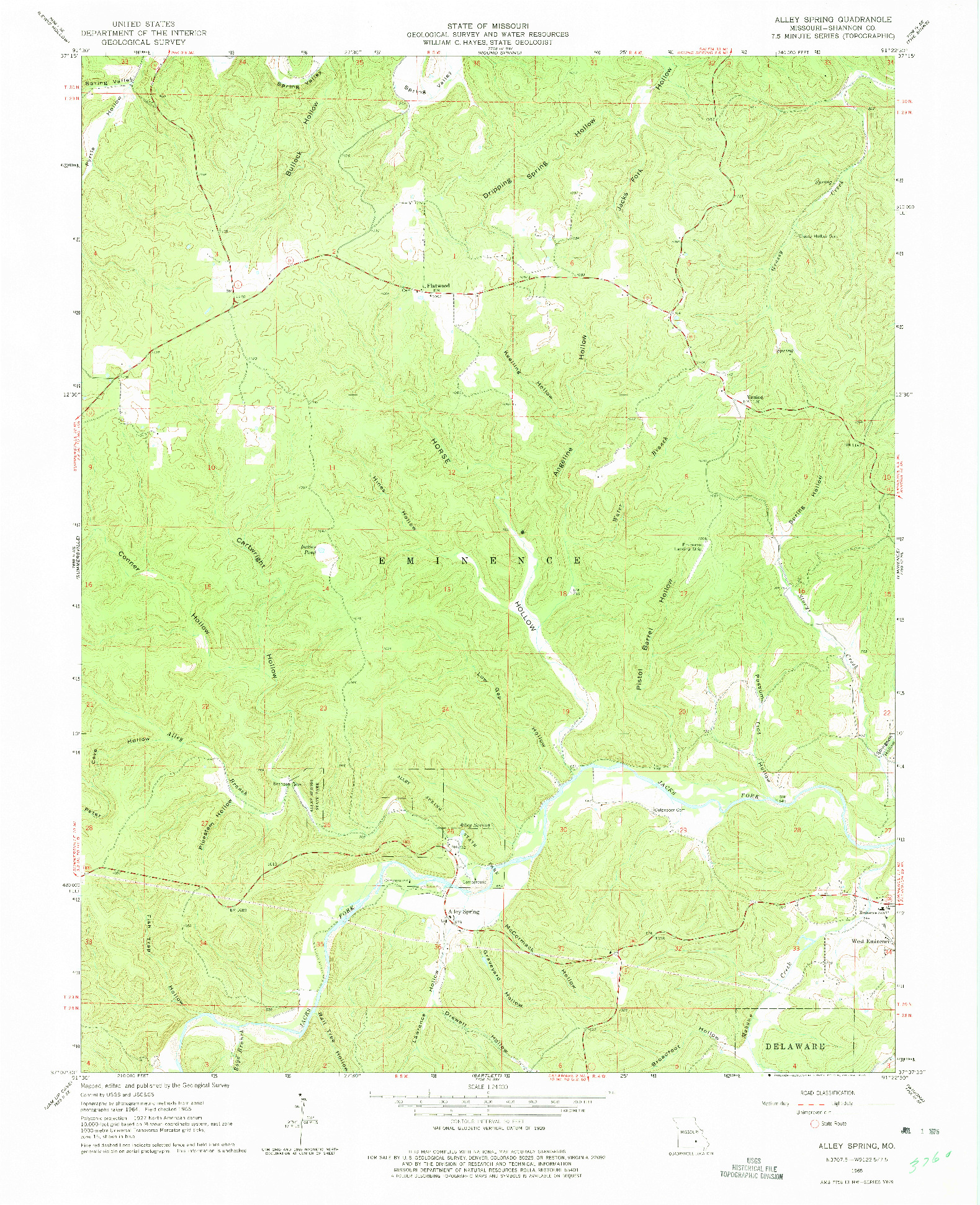 USGS 1:24000-SCALE QUADRANGLE FOR ALLEY SPRING, MO 1965