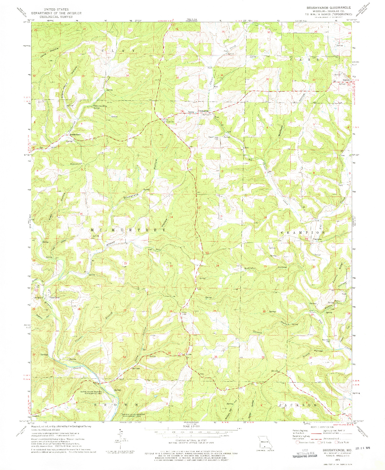 USGS 1:24000-SCALE QUADRANGLE FOR BRUSHYKNOB, MO 1973