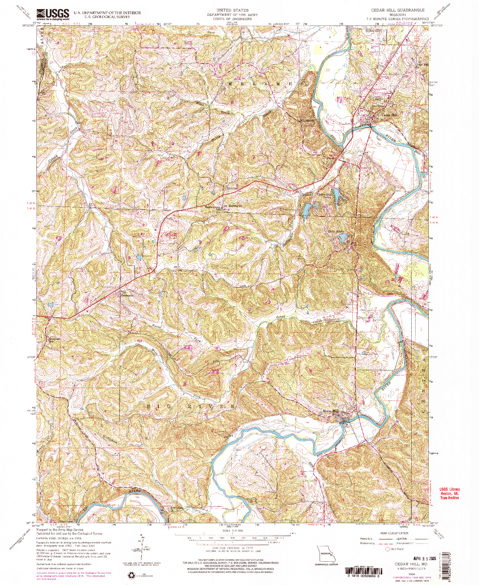 USGS 1:24000-SCALE QUADRANGLE FOR CEDAR HILL, MO 1954