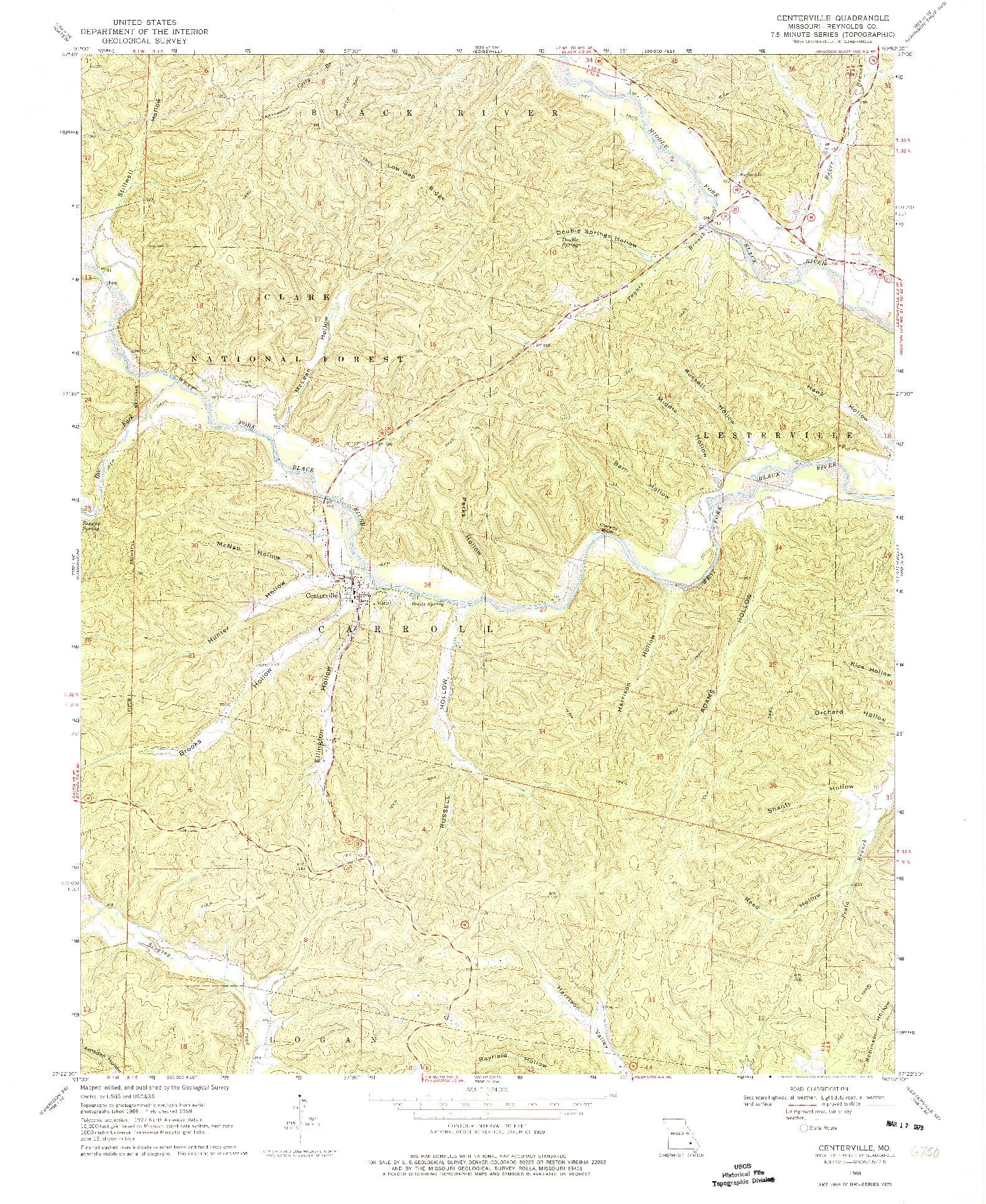 USGS 1:24000-SCALE QUADRANGLE FOR CENTERVILLE, MO 1968