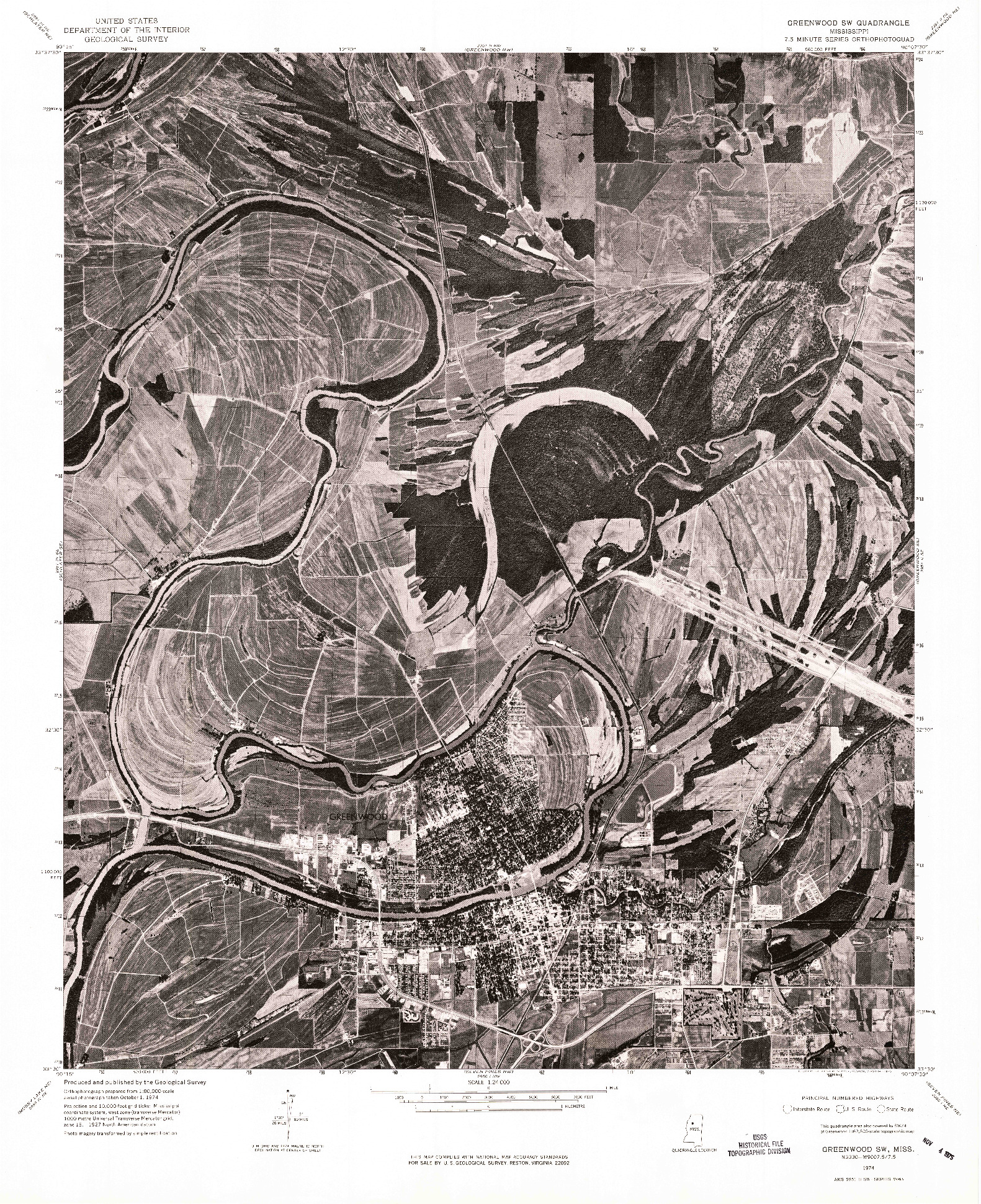 USGS 1:24000-SCALE QUADRANGLE FOR GREENWOOD SW, MS 1974