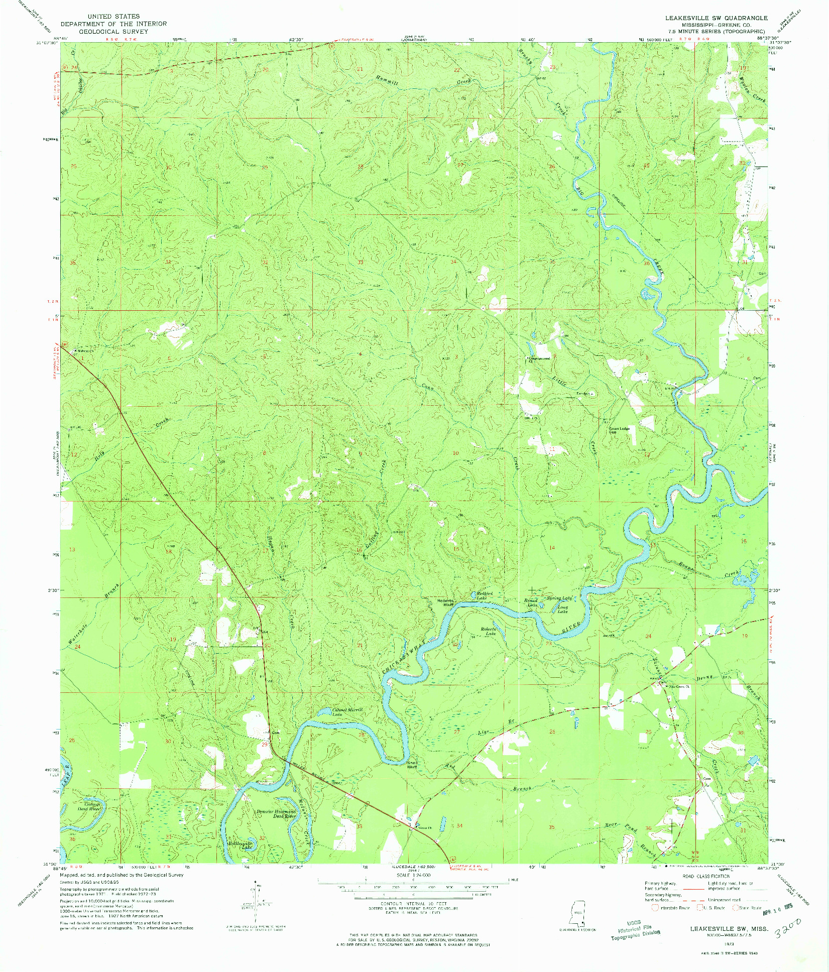 USGS 1:24000-SCALE QUADRANGLE FOR LEAKESVILLE SW, MS 1973