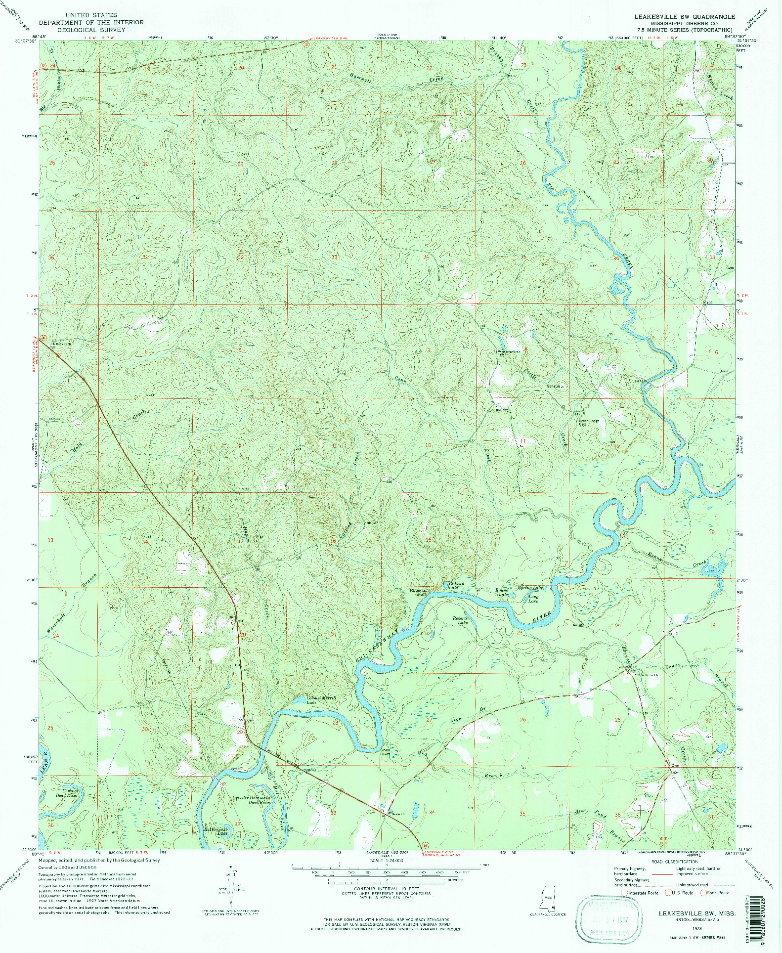 USGS 1:24000-SCALE QUADRANGLE FOR LEAKESVILLE SW, MS 1973