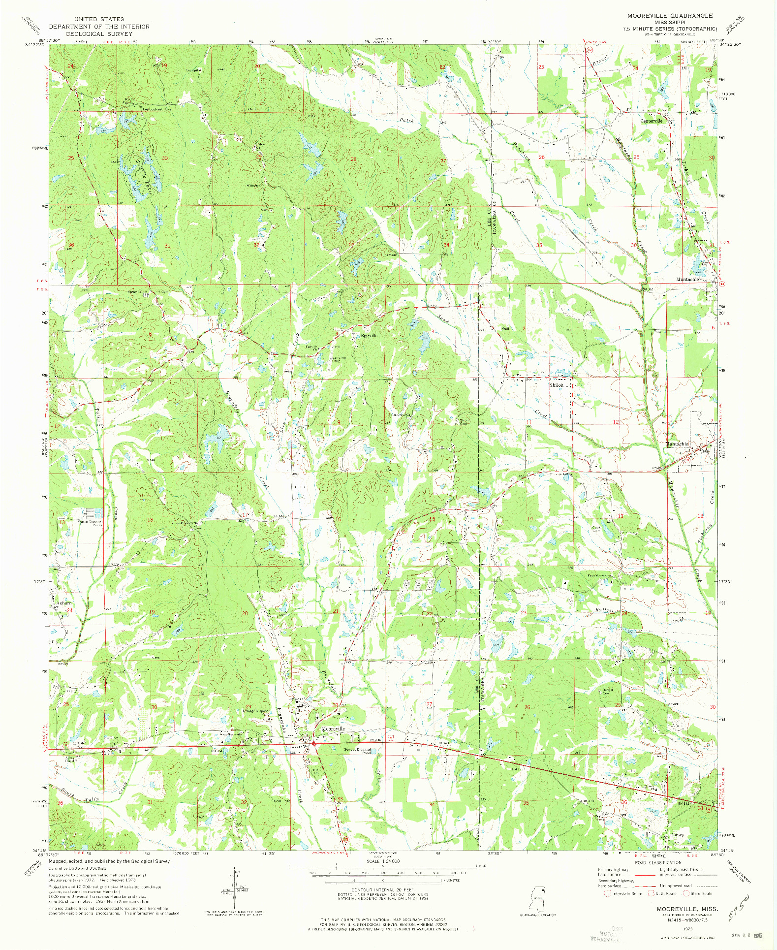 USGS 1:24000-SCALE QUADRANGLE FOR MOOREVILLE, MS 1973