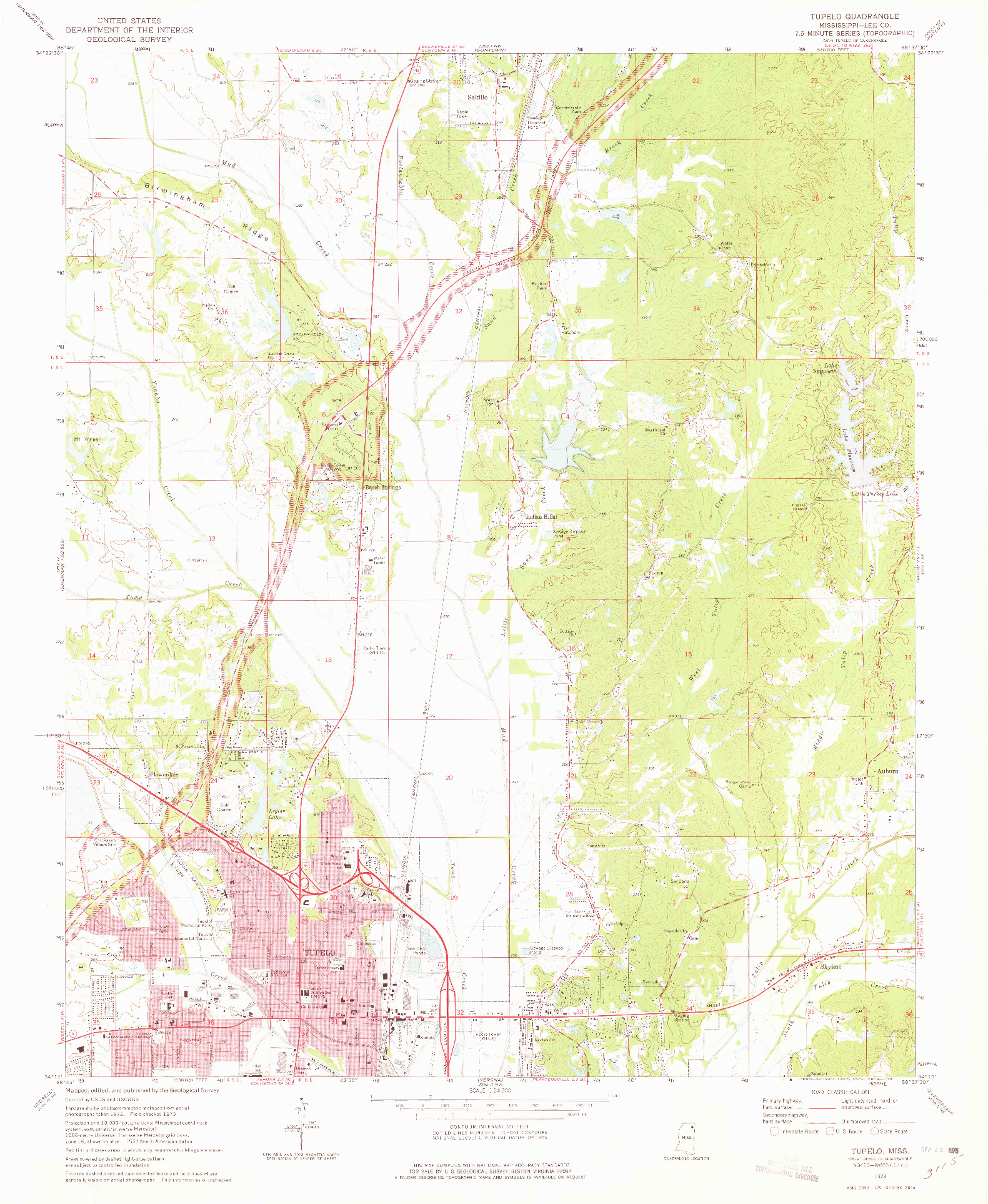 USGS 1:24000-SCALE QUADRANGLE FOR TUPELO, MS 1973