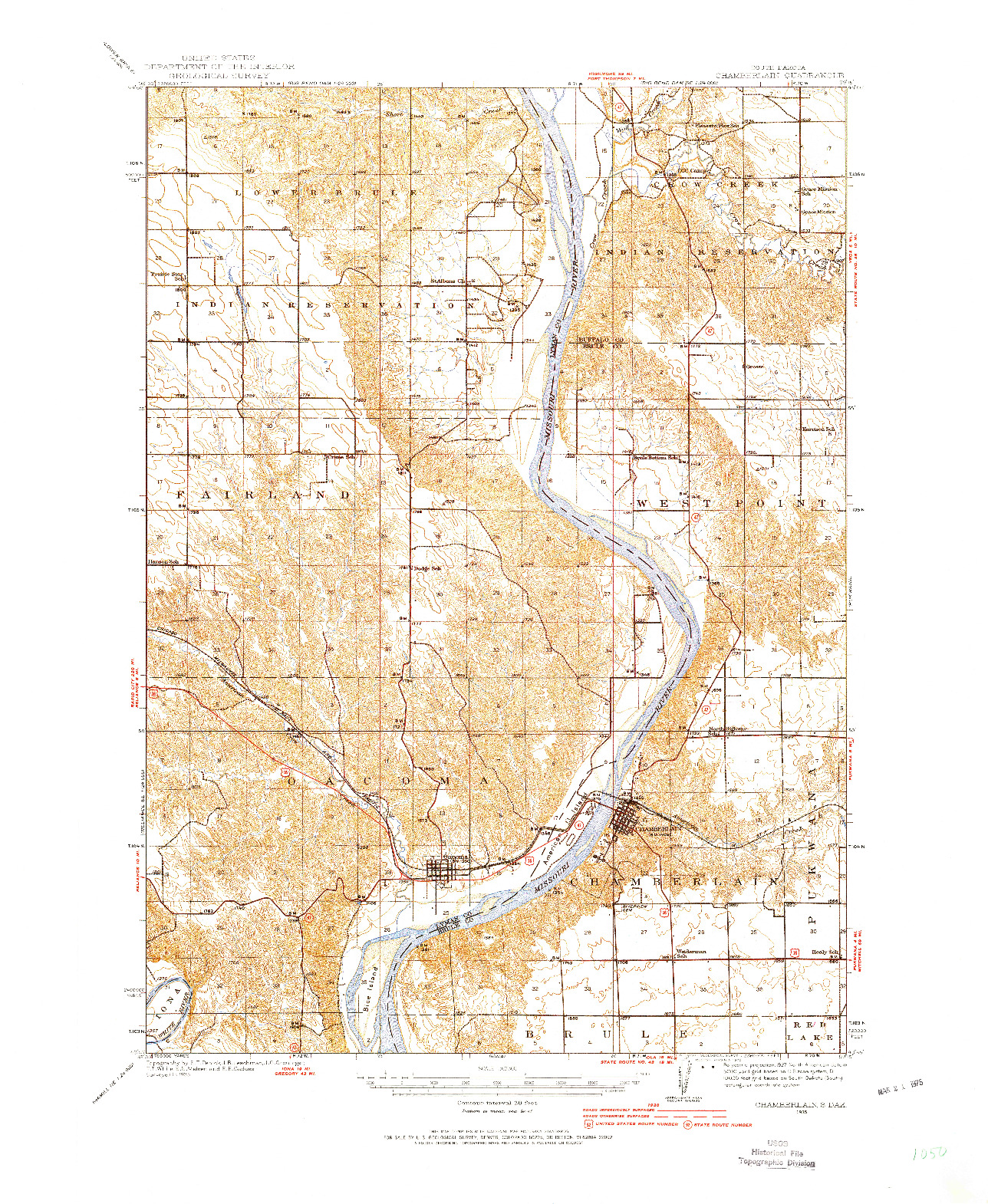 USGS 1:62500-SCALE QUADRANGLE FOR CHAMBERLAIN, SD 1935