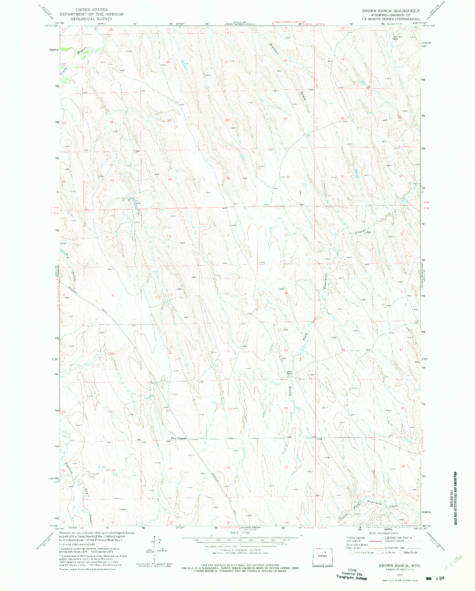 USGS 1:24000-SCALE QUADRANGLE FOR BROWN RANCH, WY 1972