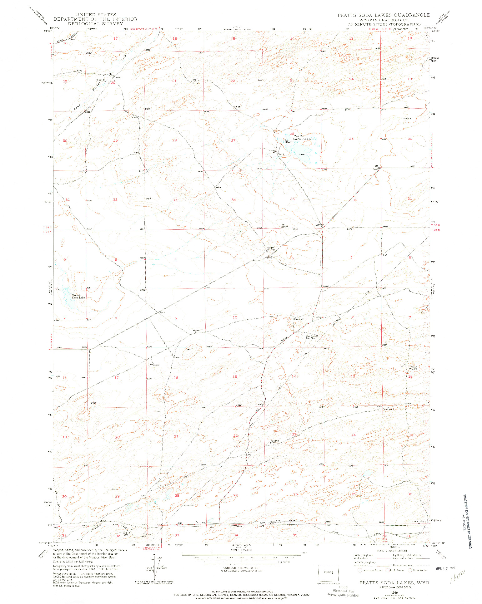 USGS 1:24000-SCALE QUADRANGLE FOR PRATTS SODA LAKES, WY 1949