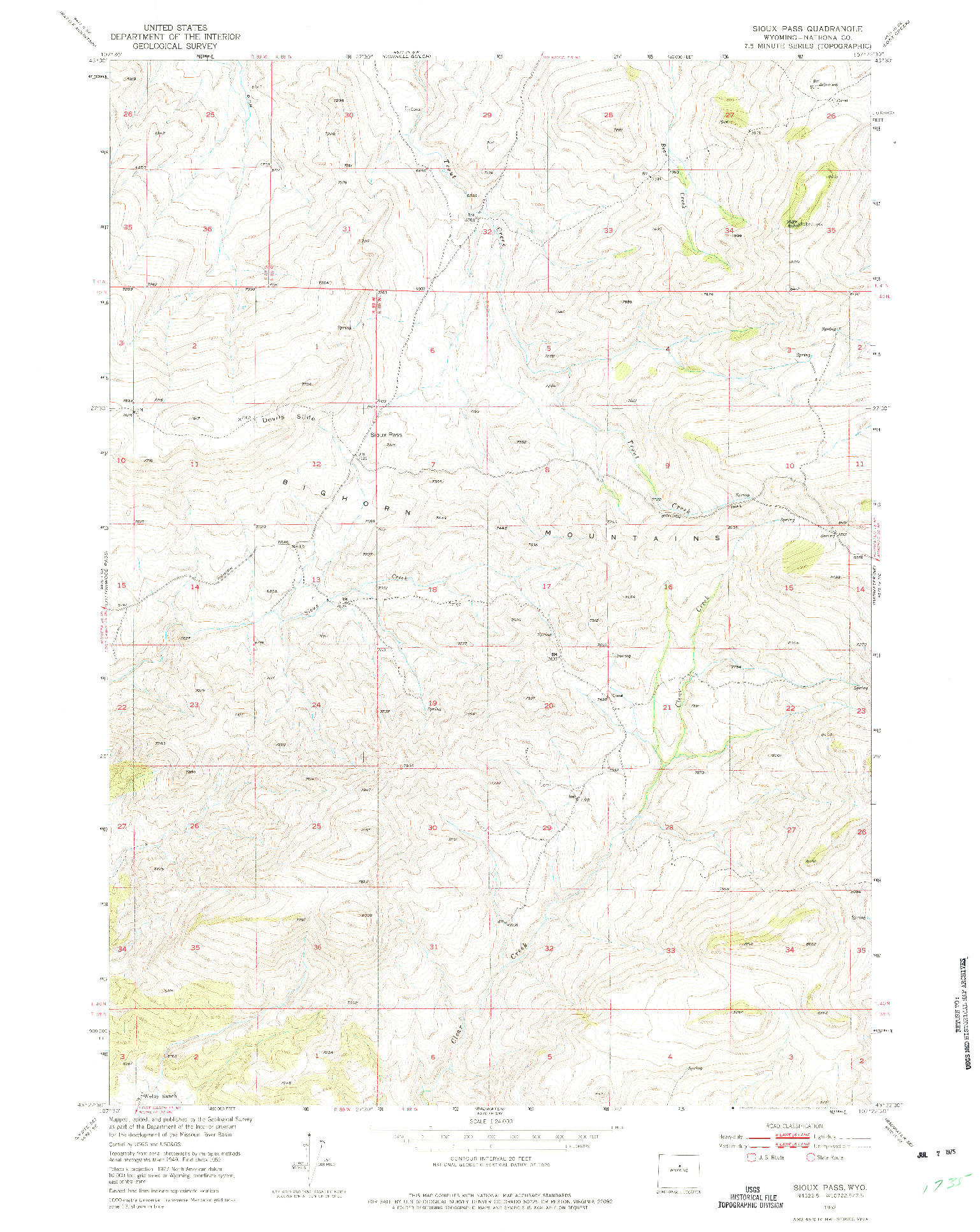 USGS 1:24000-SCALE QUADRANGLE FOR SIOUX PASS, WY 1952