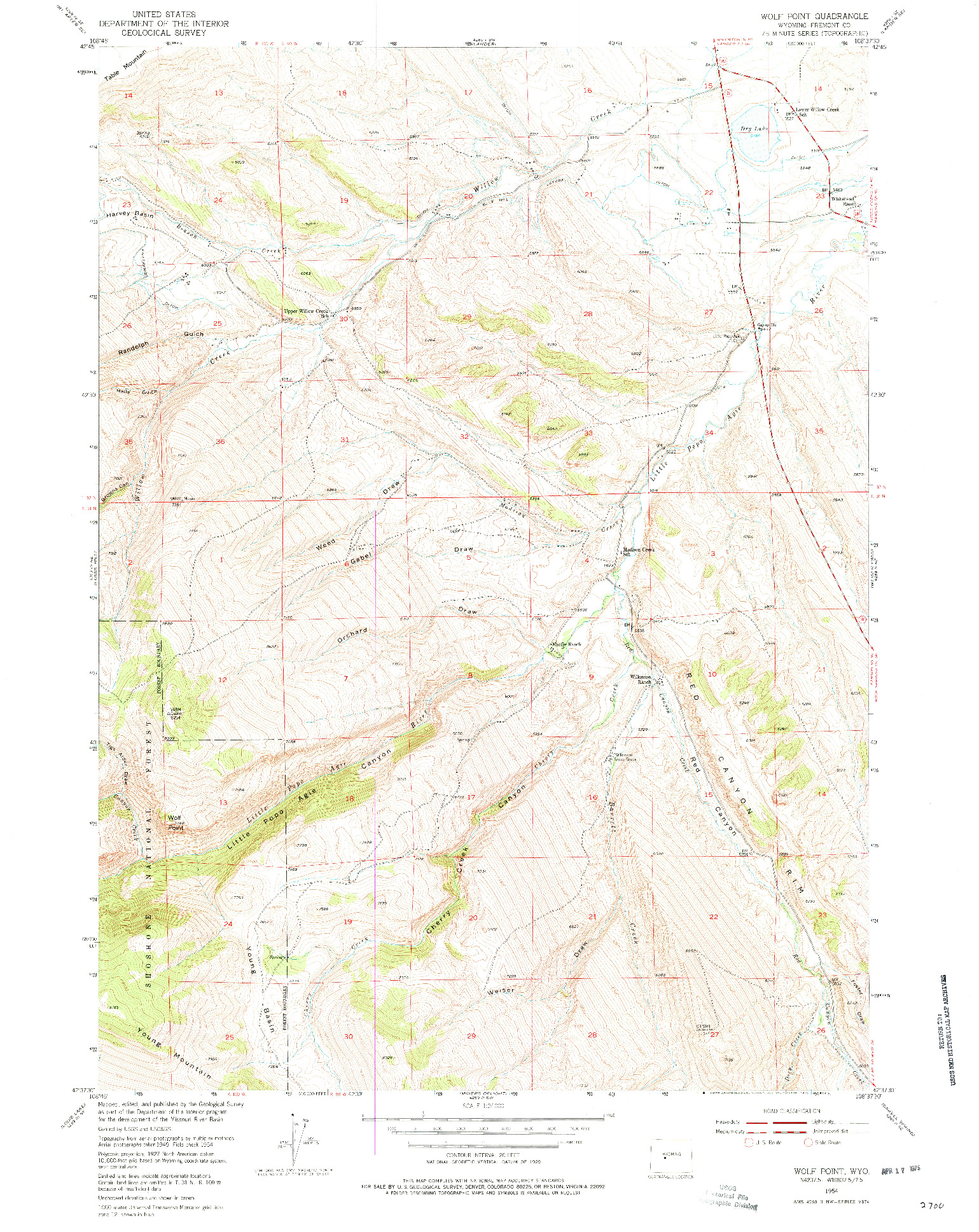 USGS 1:24000-SCALE QUADRANGLE FOR WOLF POINT, WY 1954