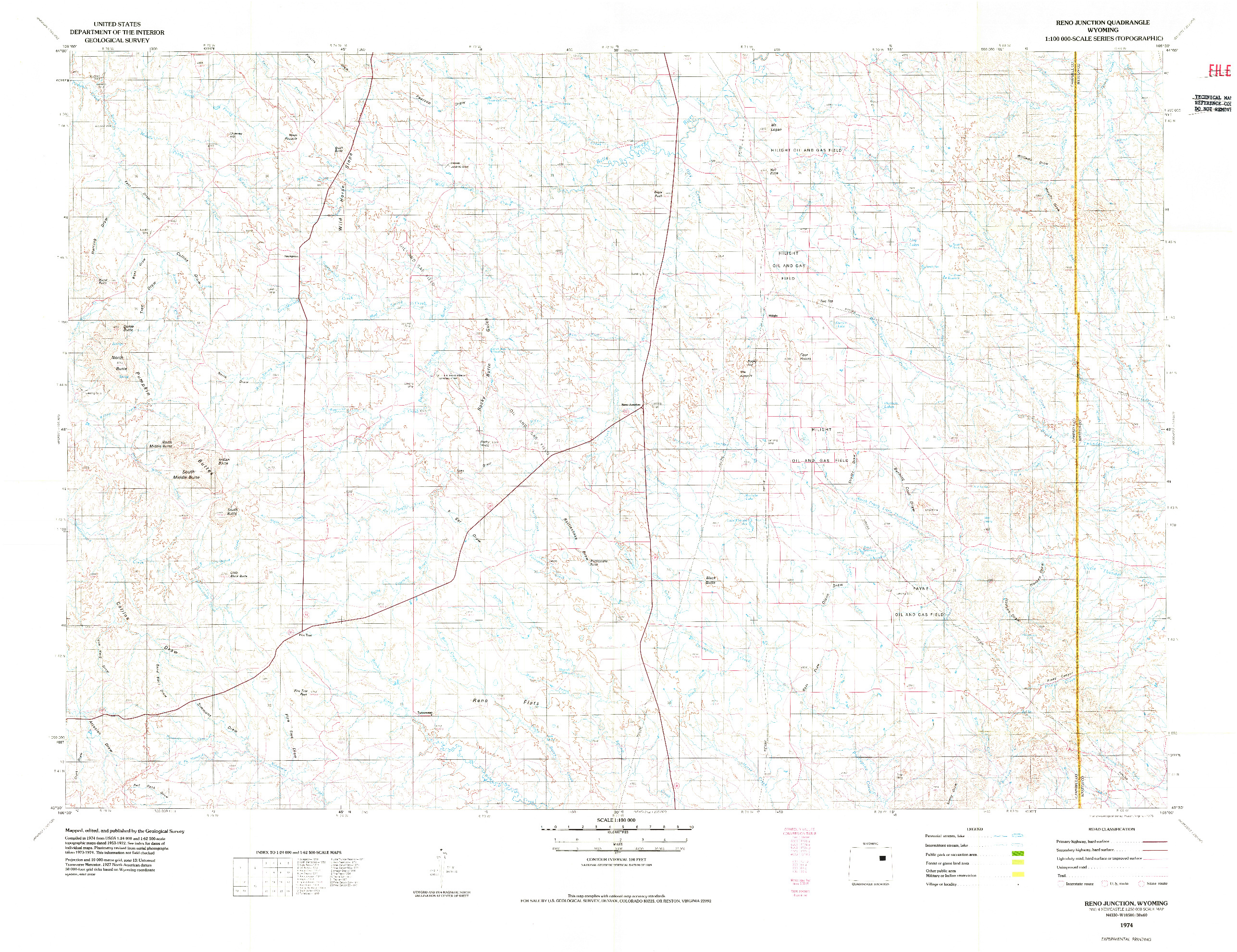 USGS 1:100000-SCALE QUADRANGLE FOR RENO JUNCTION, WY 1974